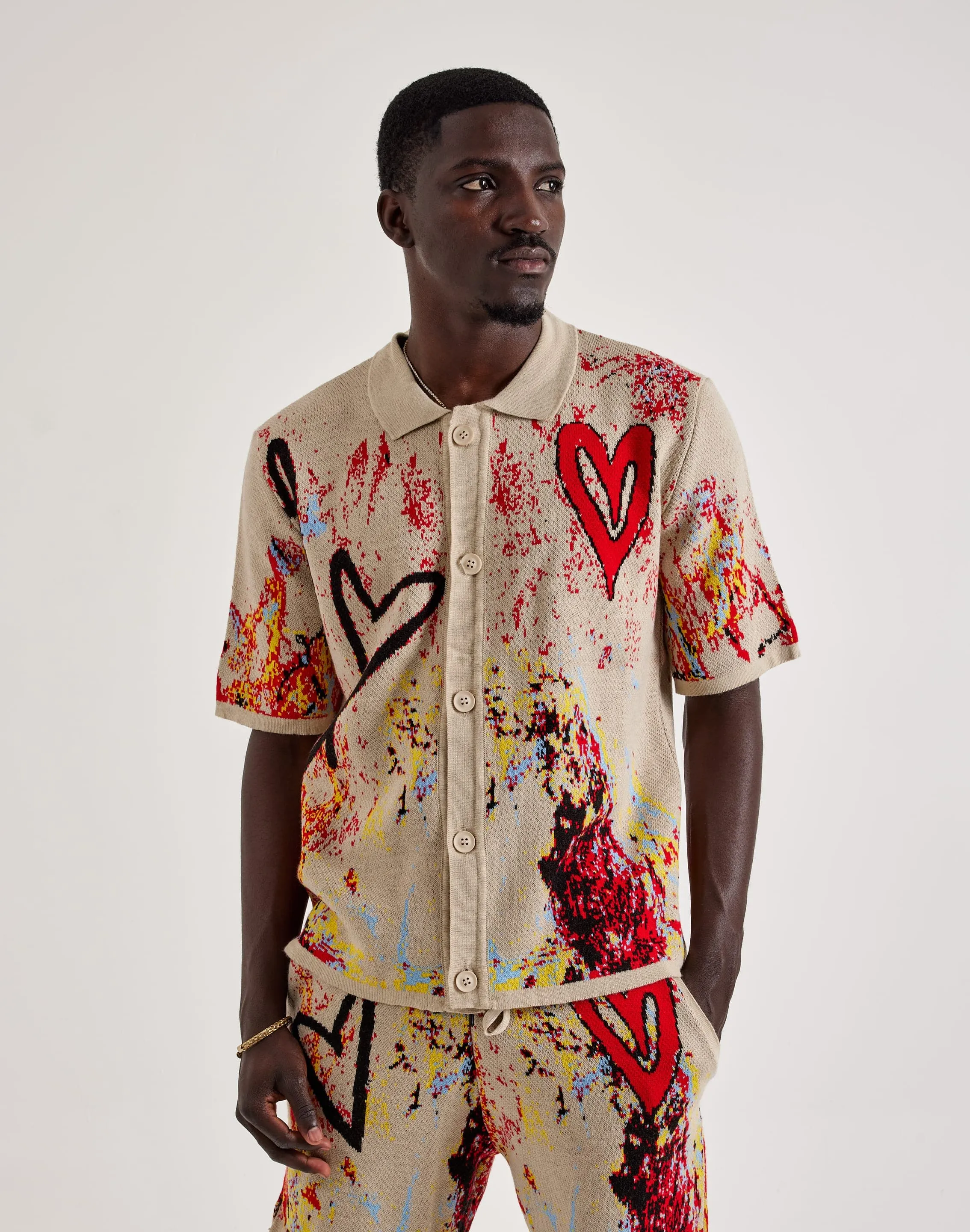 Chapter By Kohli Heart Paint Splatter Knit Button Shirt