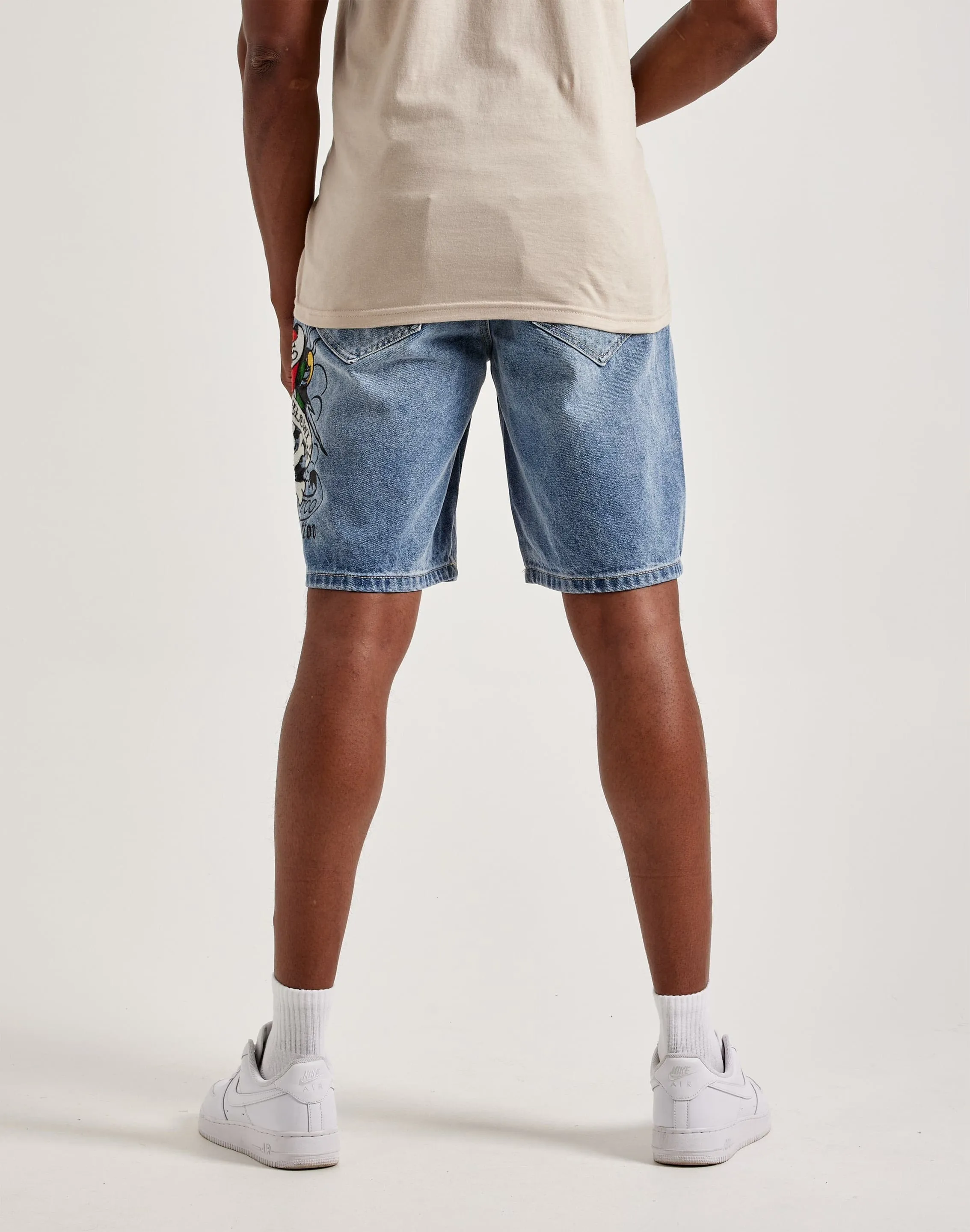 Ed Hardy Love Kills Slowly Skull Skater Denim Shorts