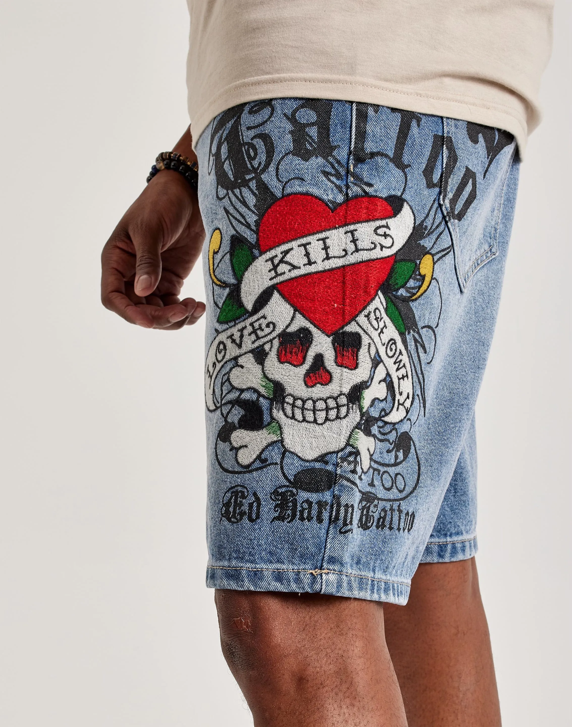 Ed Hardy Love Kills Slowly Skull Skater Denim Shorts