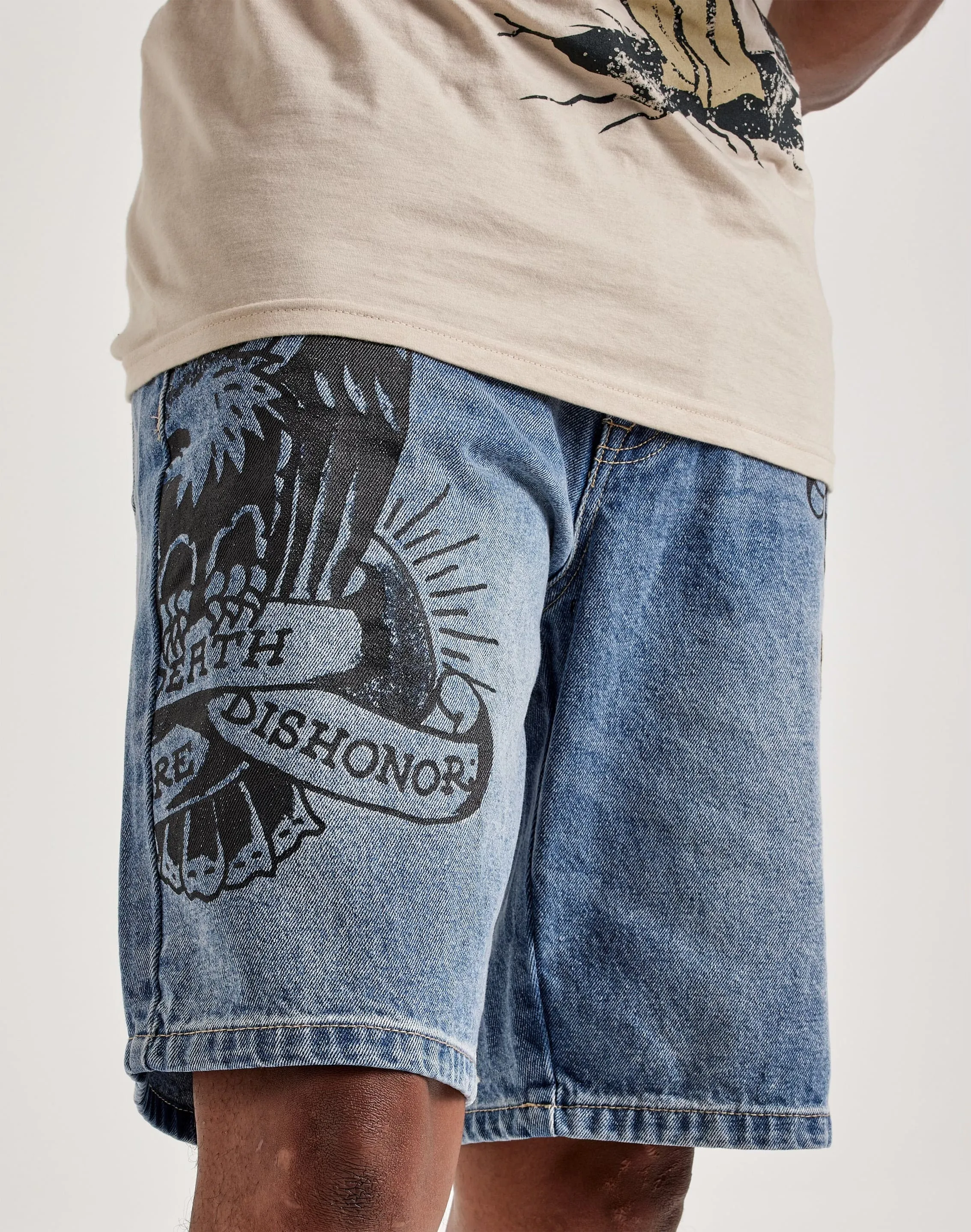 Ed Hardy Love Kills Slowly Skull Skater Denim Shorts
