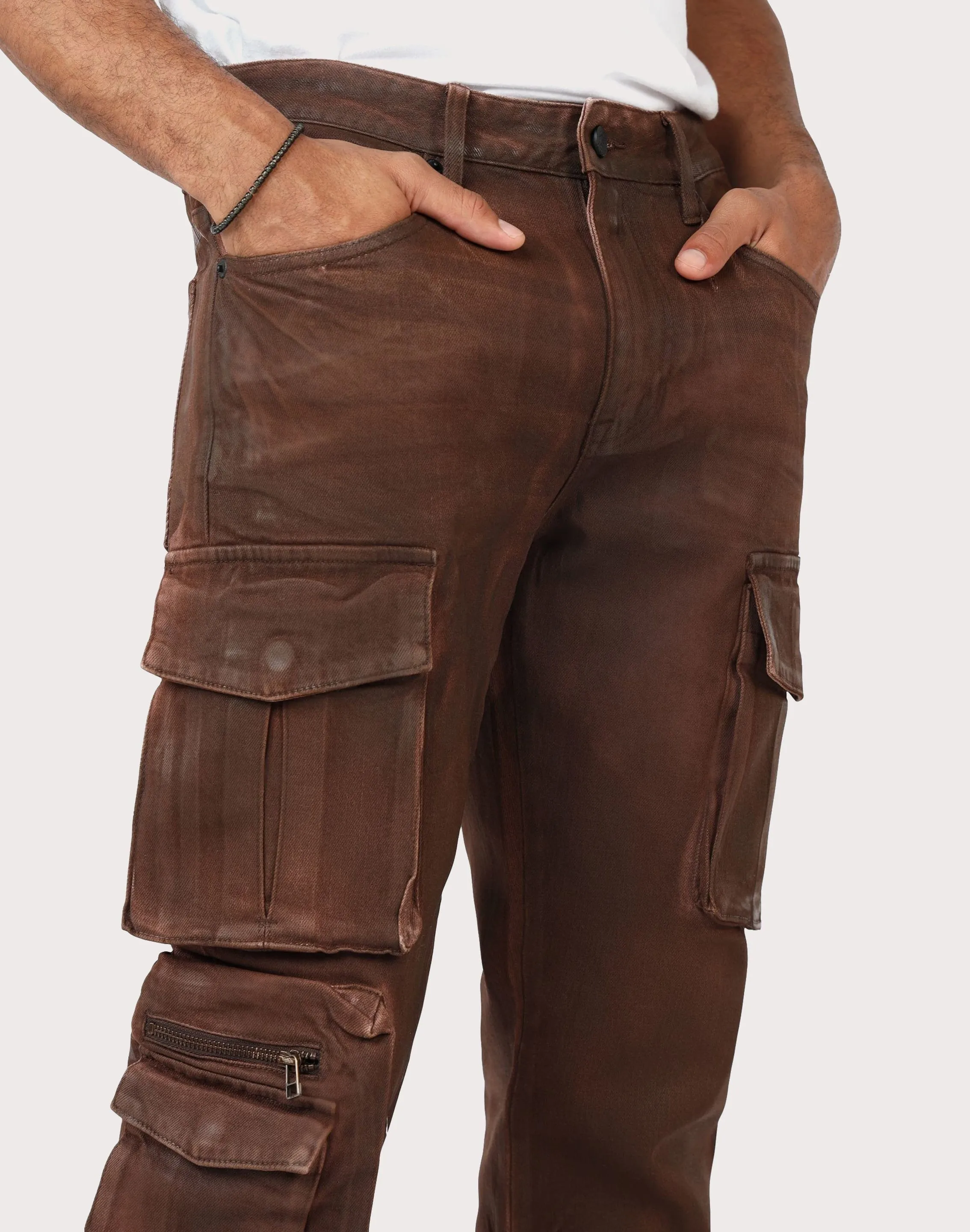 Grindhouse Bourbon Brown Straight Fit Waxed Cargo Jeans