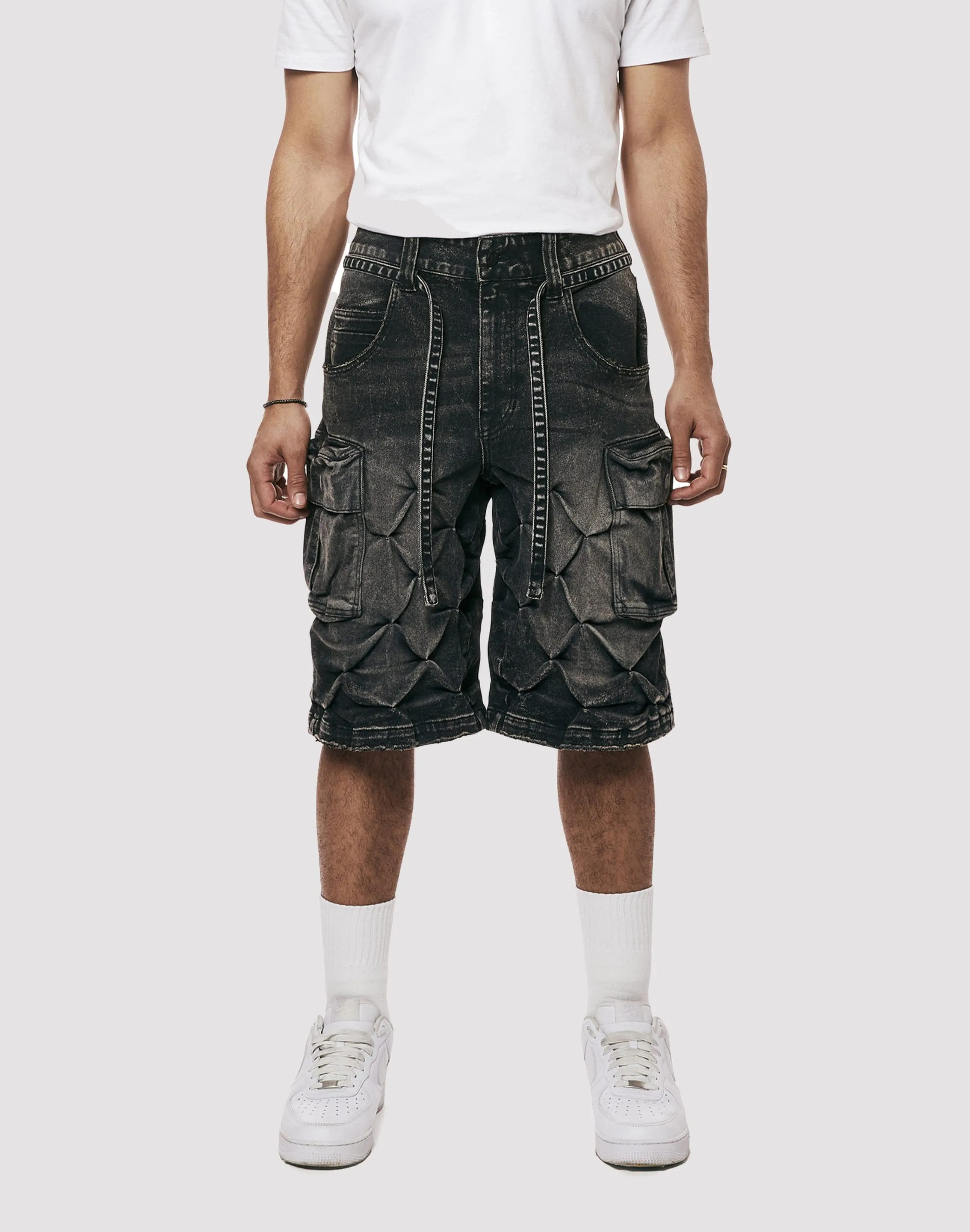 Grindhouse Diamond Pinch Cargo Black Denim Shorts