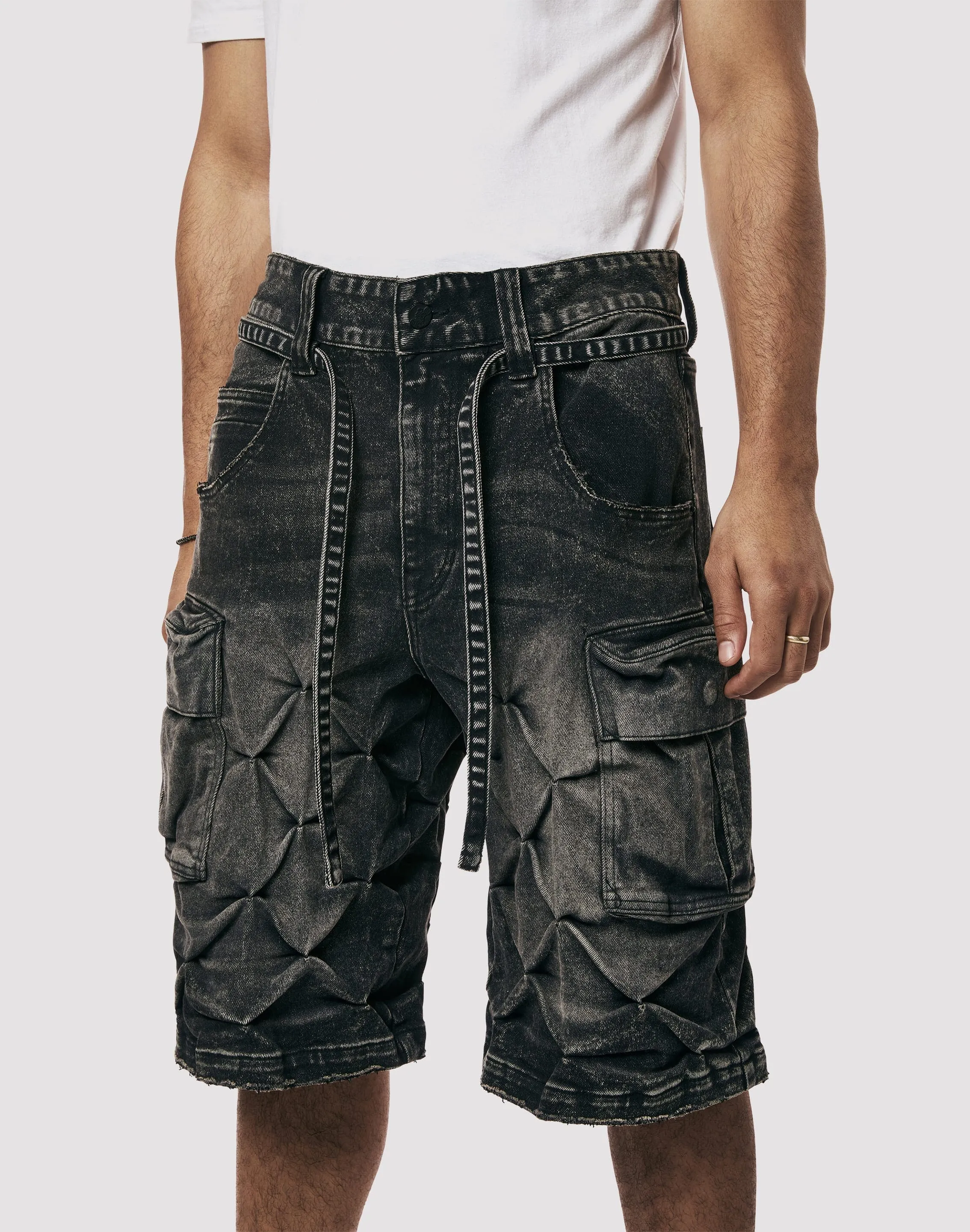 Grindhouse Diamond Pinch Cargo Black Denim Shorts