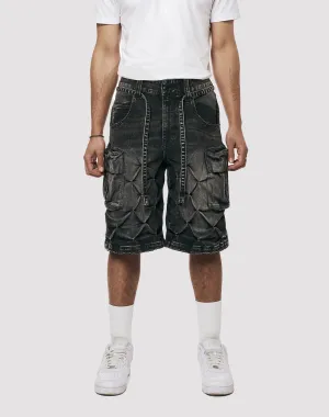 Grindhouse Diamond Pinch Cargo Black Denim Shorts