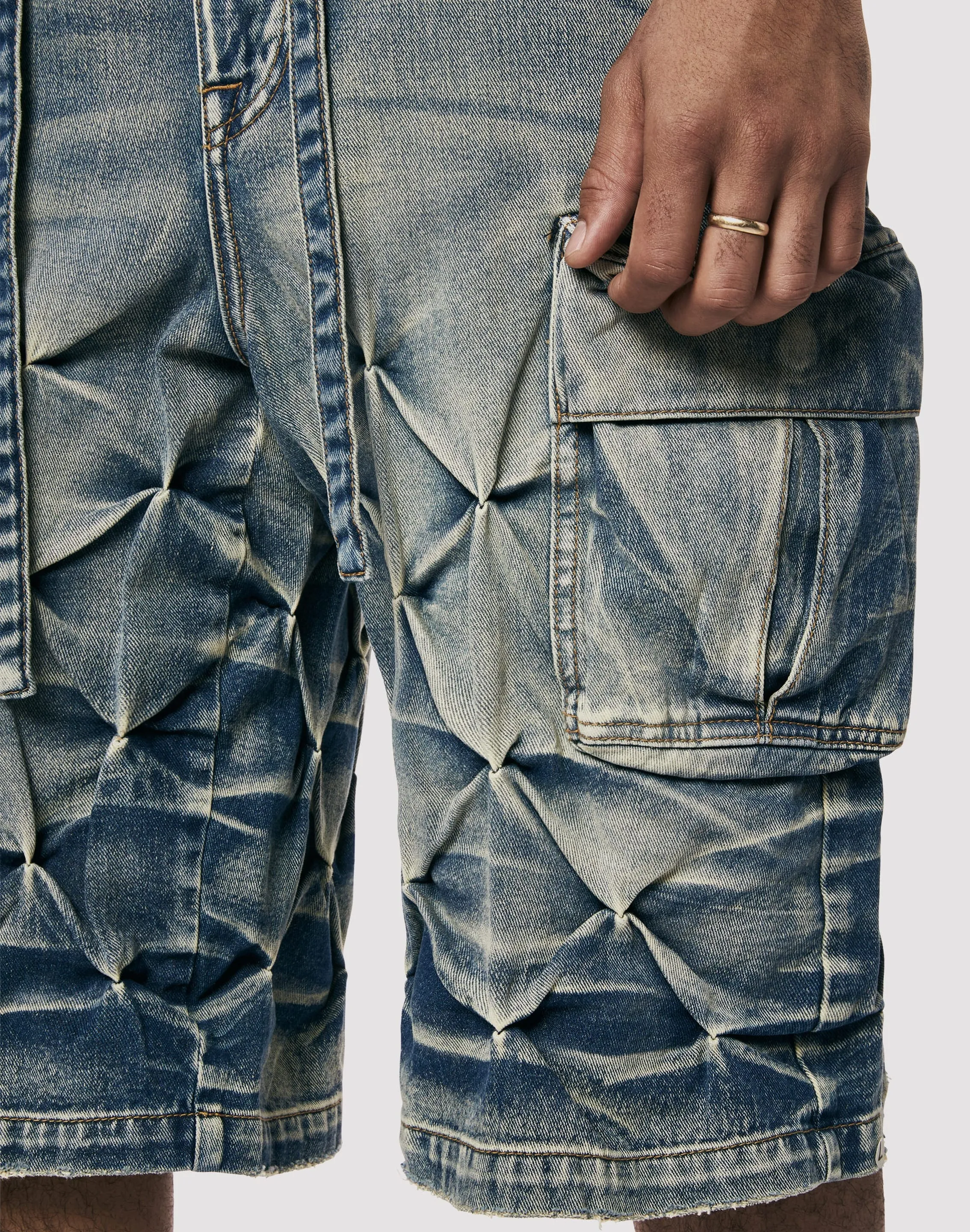 Grindhouse Diamond Pinch Cargo Blue Denim Shorts