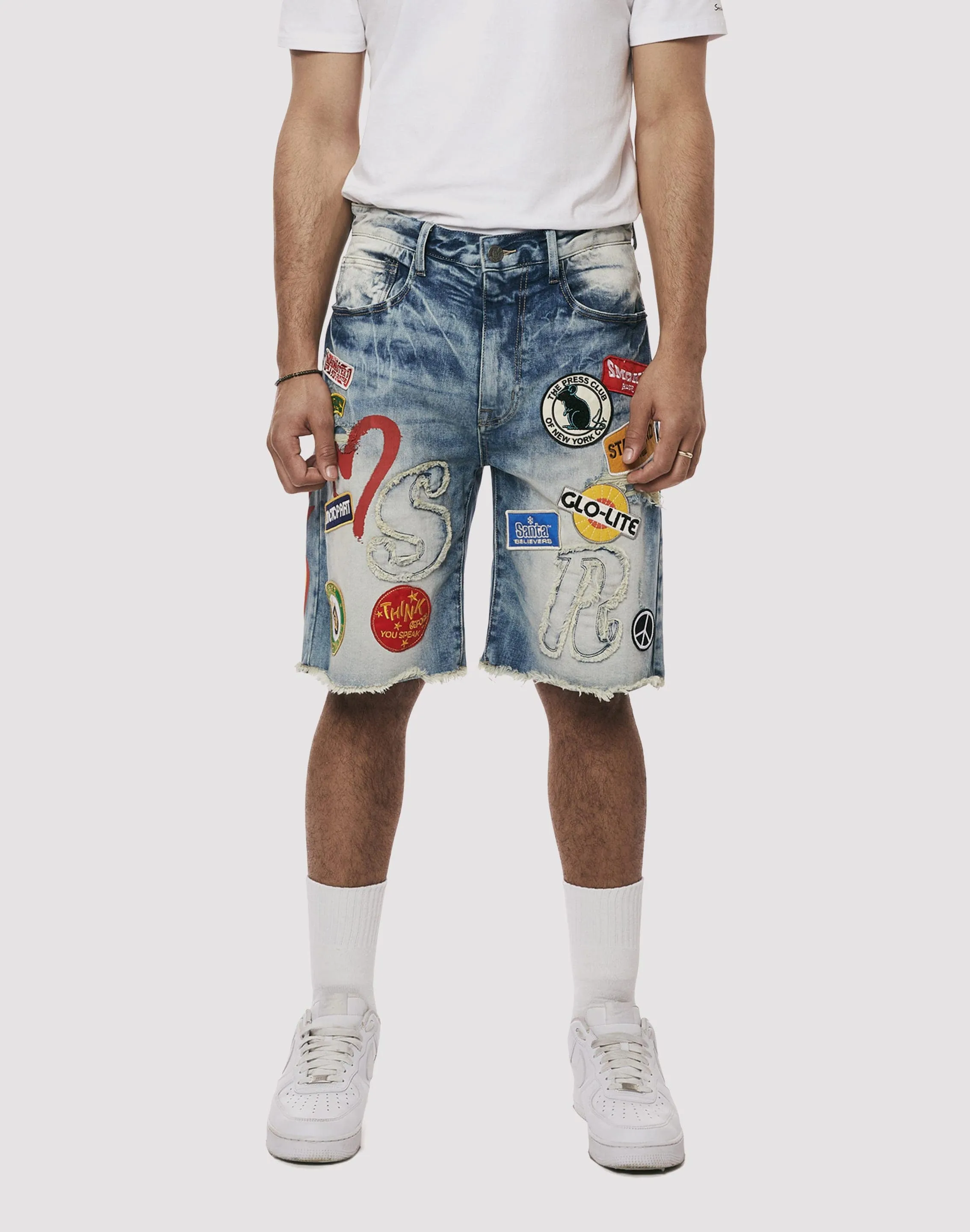 Grindhouse Embossed Patch Blue Denim Shorts