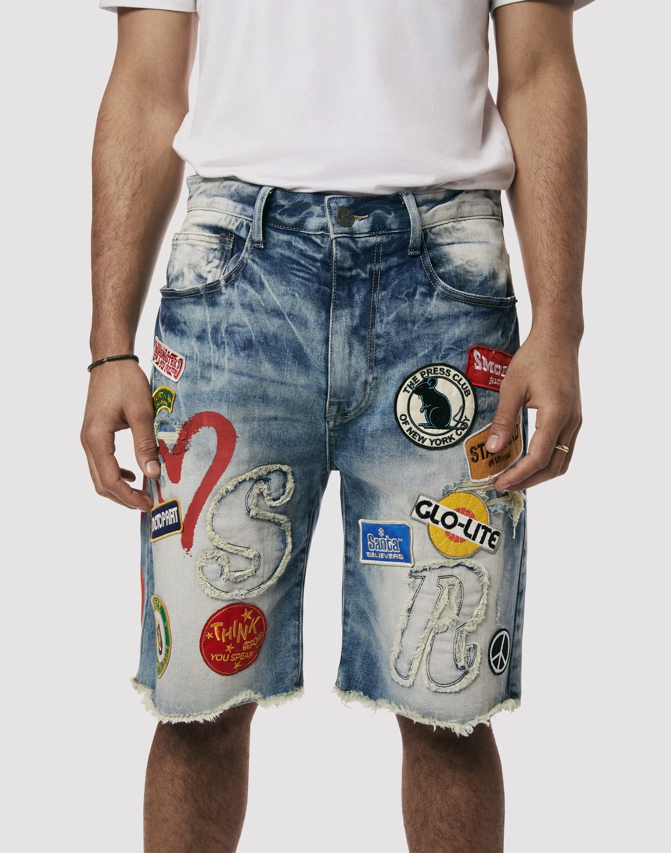 Grindhouse Embossed Patch Blue Denim Shorts