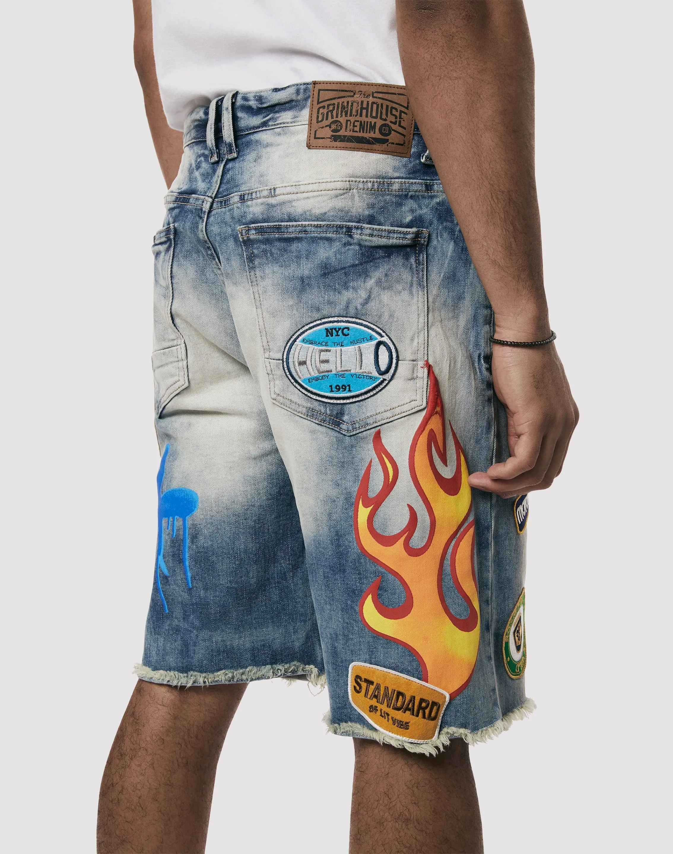 Grindhouse Embossed Patch Blue Denim Shorts