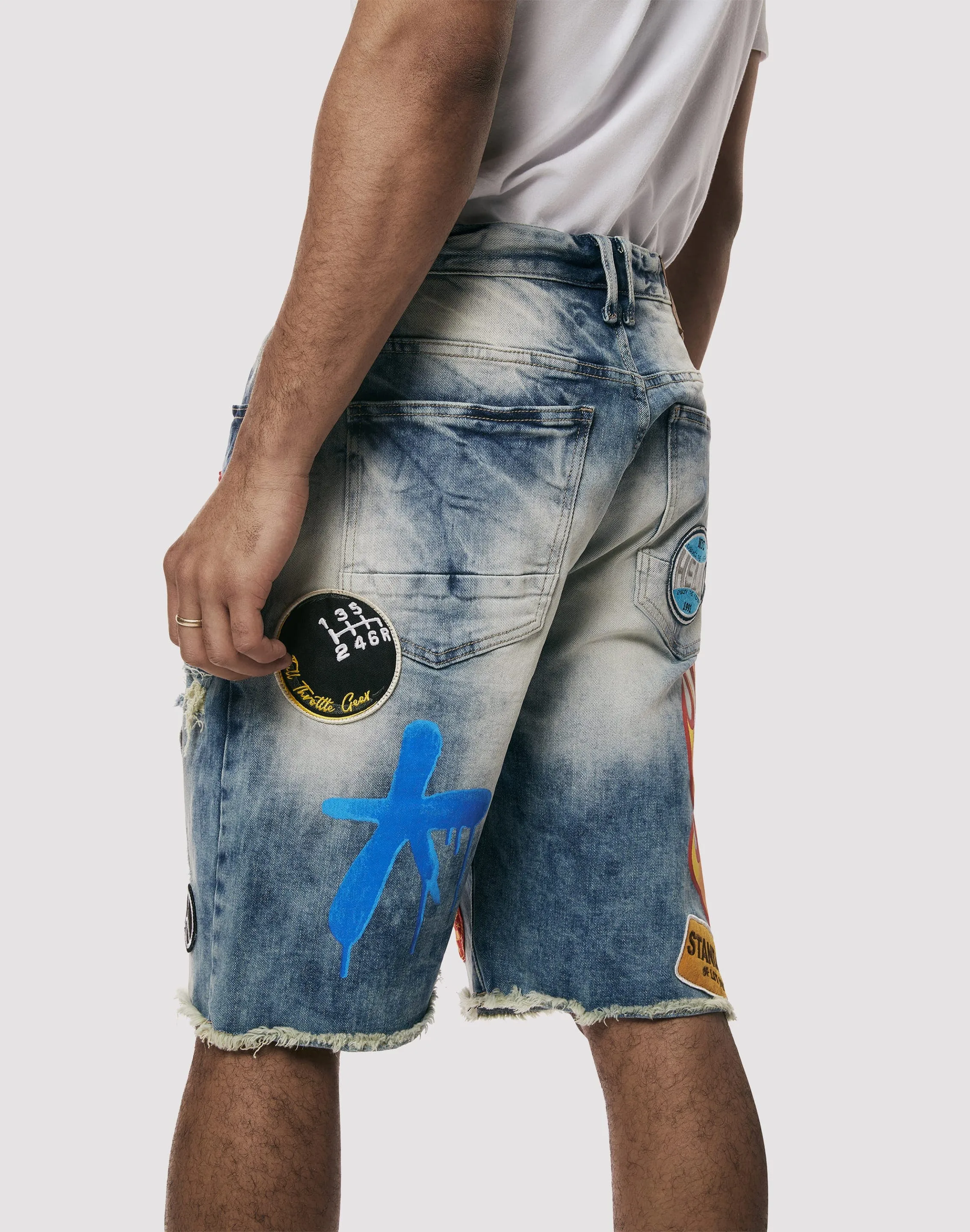 Grindhouse Embossed Patch Blue Denim Shorts