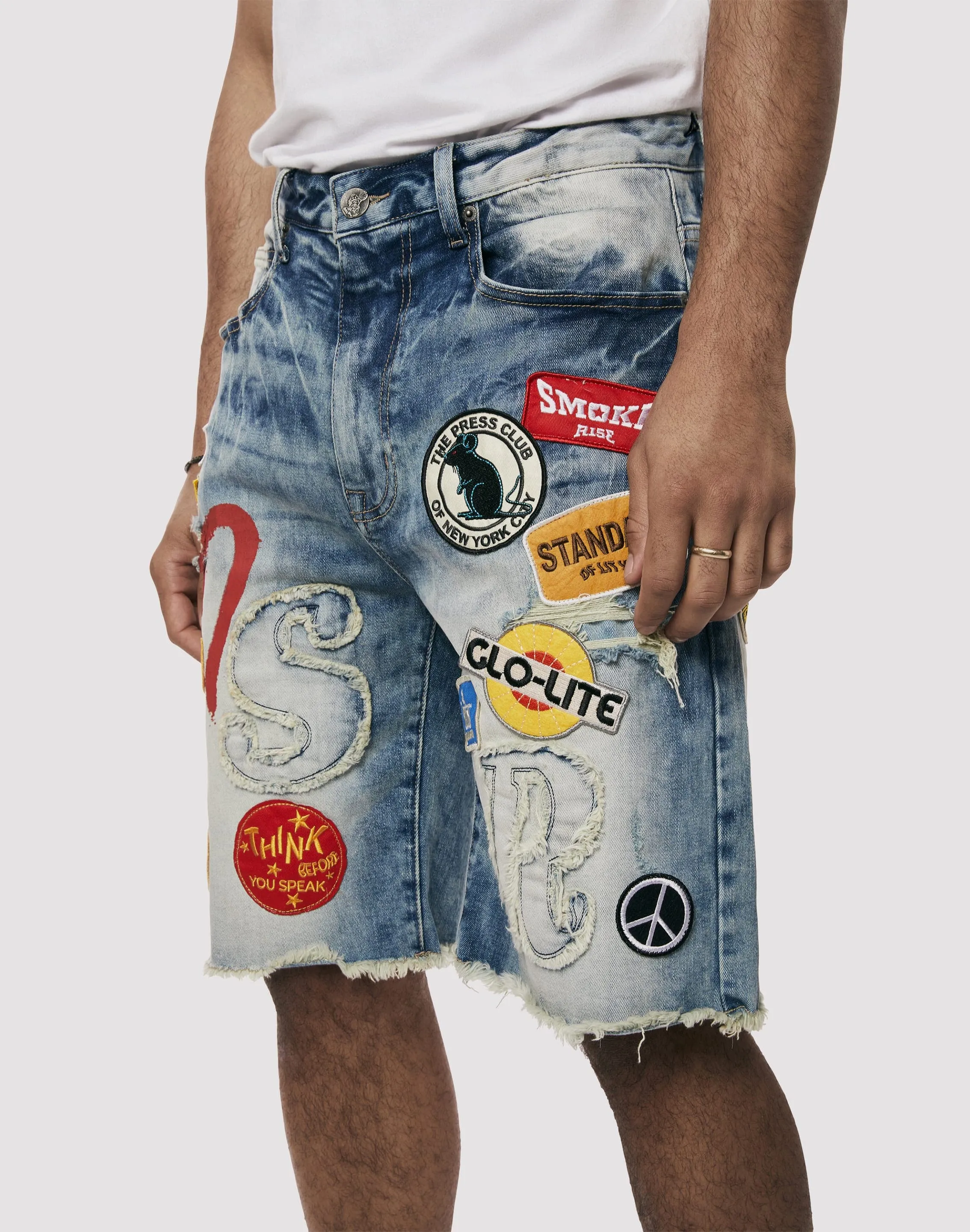 Grindhouse Embossed Patch Blue Denim Shorts
