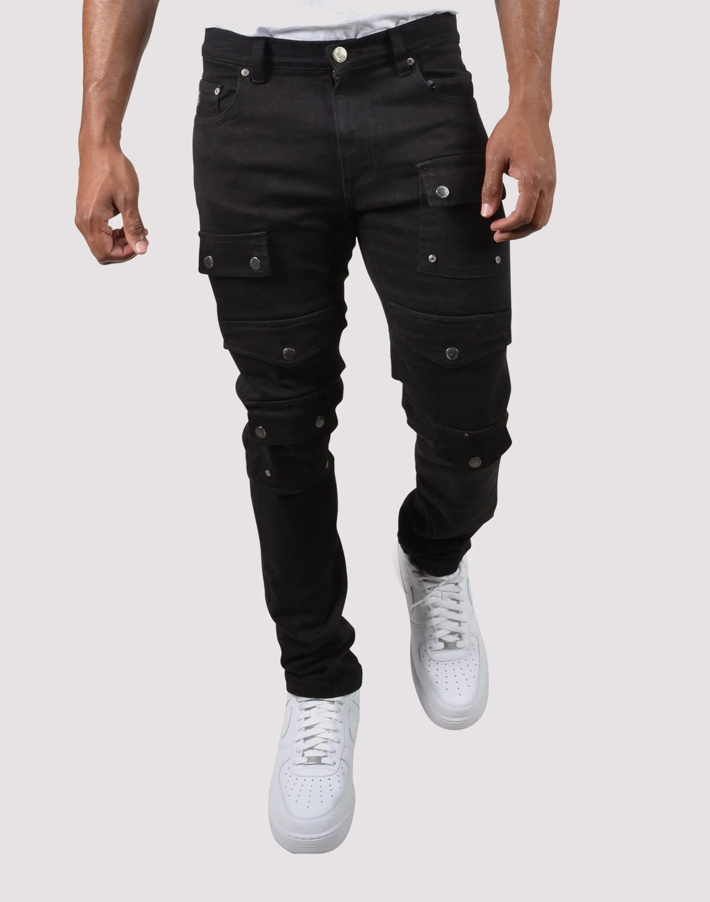 Grindhouse Front Multi Cargo Pocket Black Denim Jeans