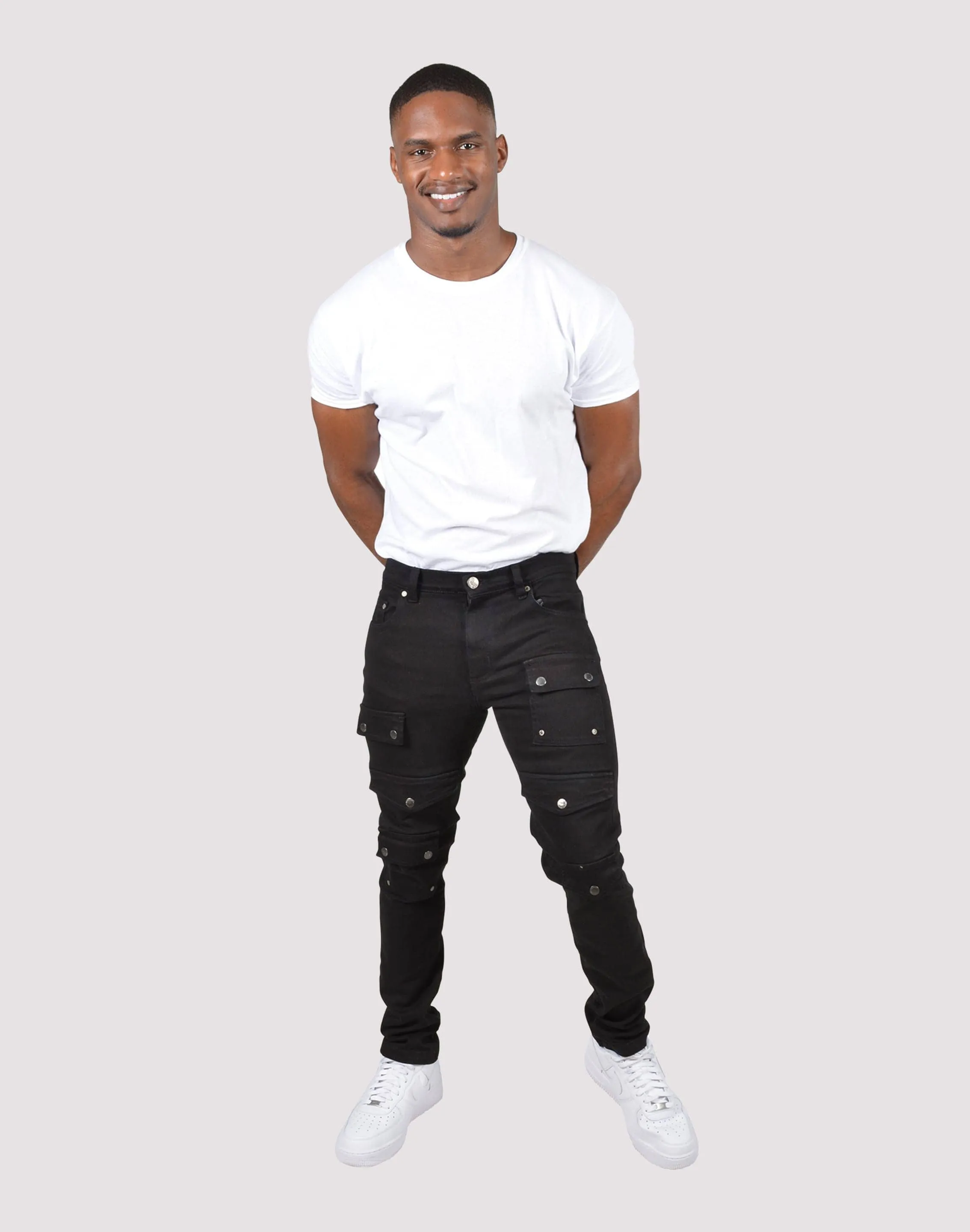 Grindhouse Front Multi Cargo Pocket Black Denim Jeans