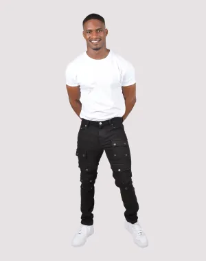 Grindhouse Front Multi Cargo Pocket Black Denim Jeans