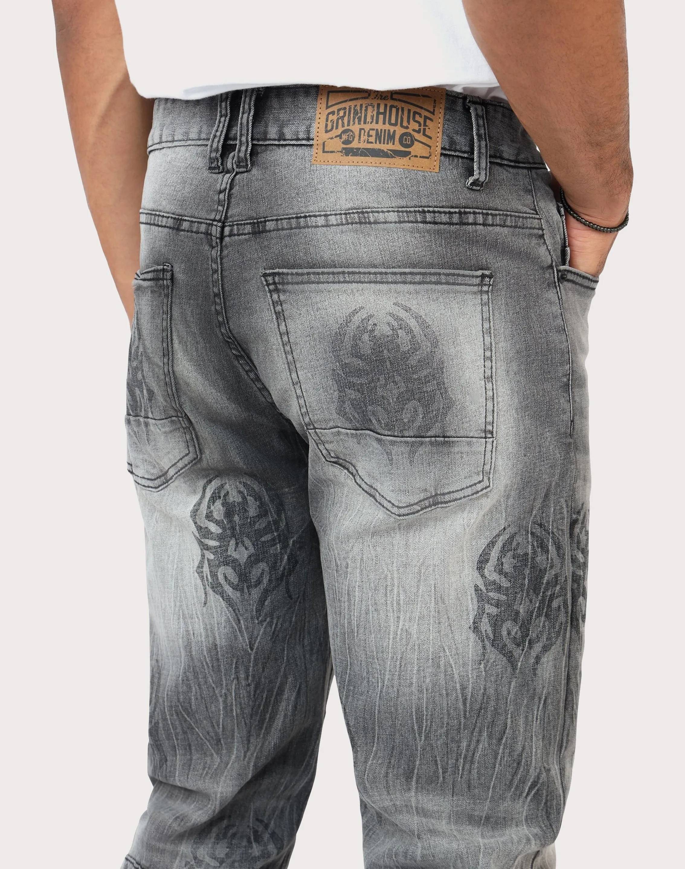 Grindhouse Pluto Grey Straight Fit Spider Rhinestone Jeans