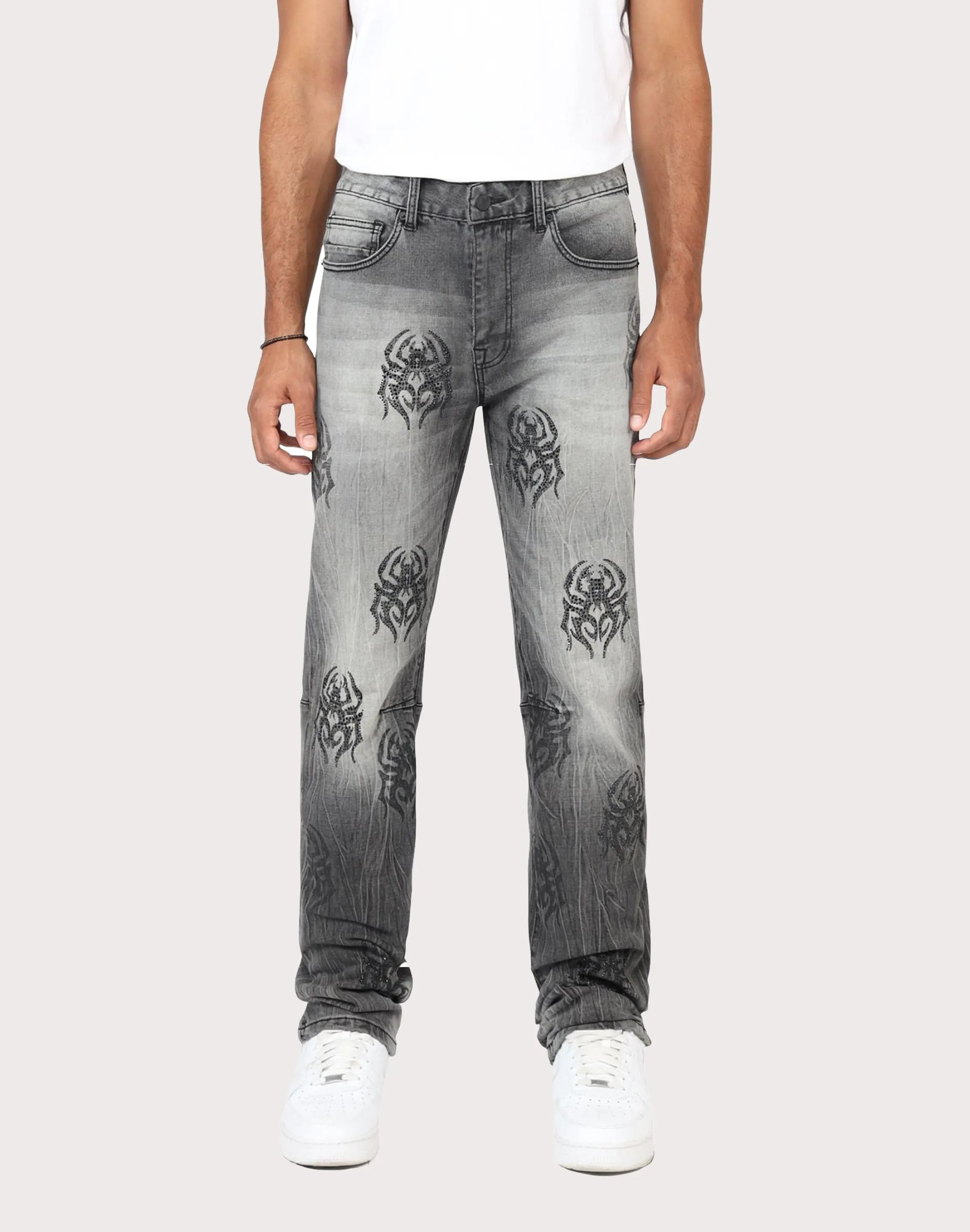 Grindhouse Pluto Grey Straight Fit Spider Rhinestone Jeans