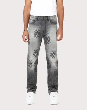Grindhouse Pluto Grey Straight Fit Spider Rhinestone Jeans