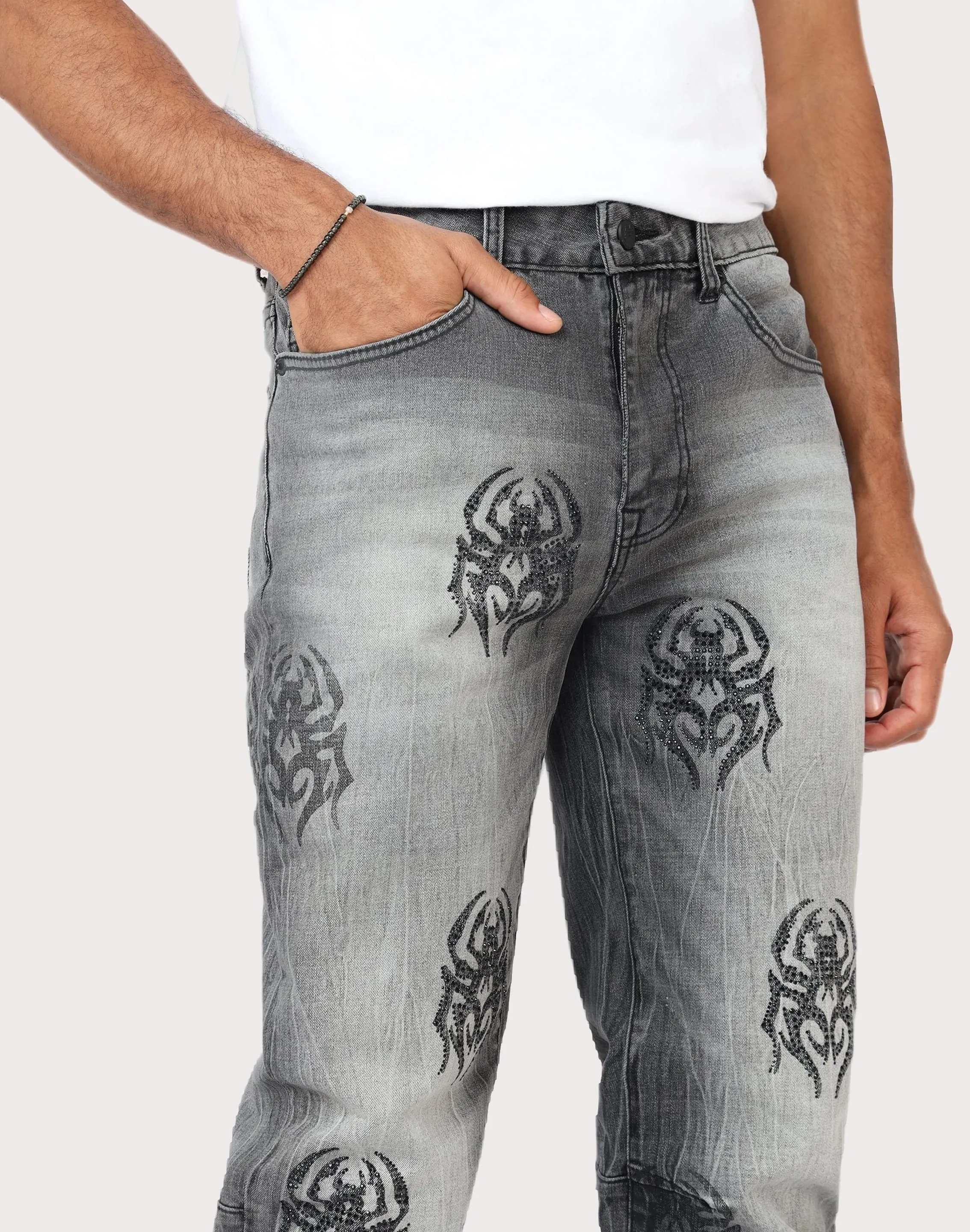 Grindhouse Pluto Grey Straight Fit Spider Rhinestone Jeans