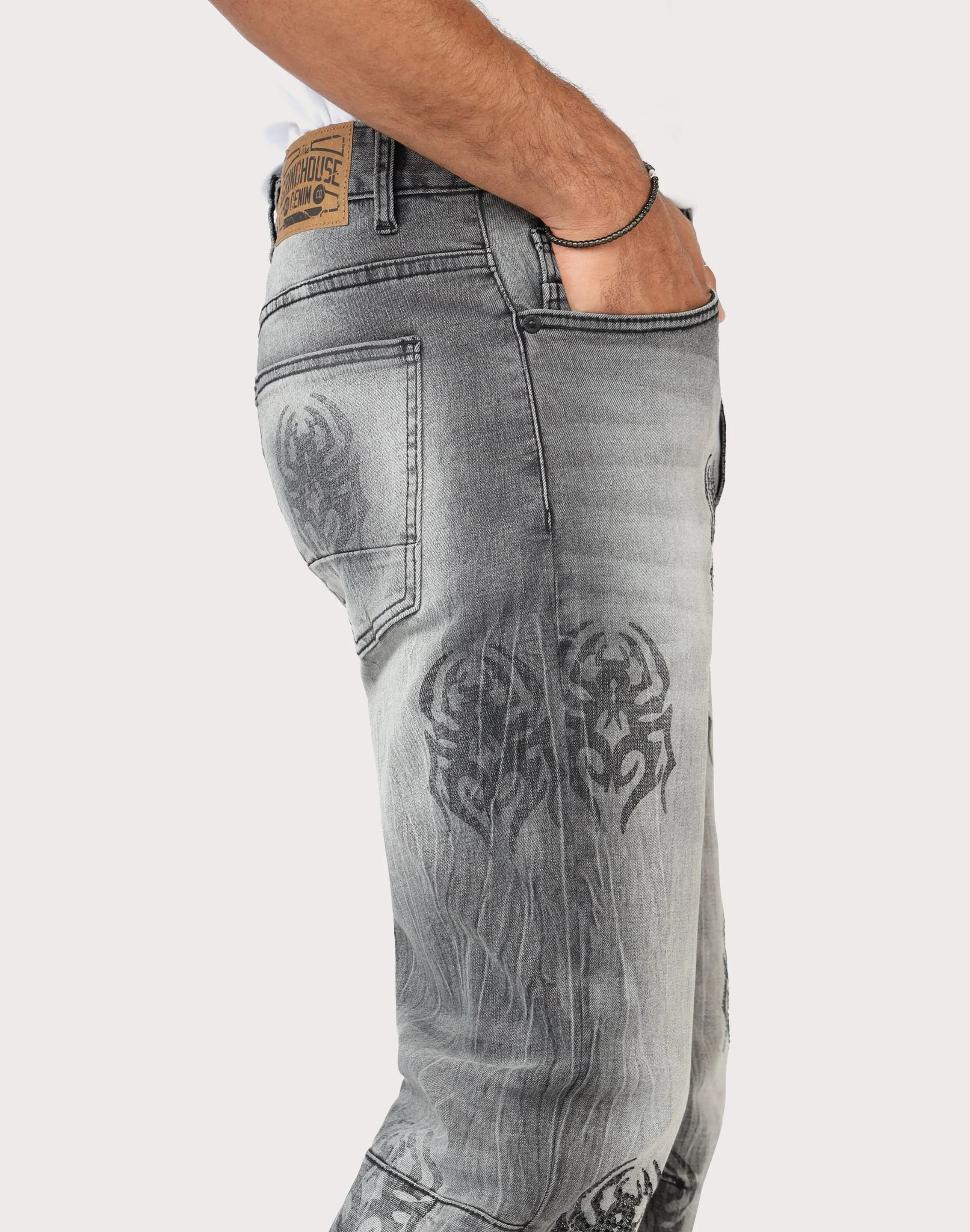 Grindhouse Pluto Grey Straight Fit Spider Rhinestone Jeans