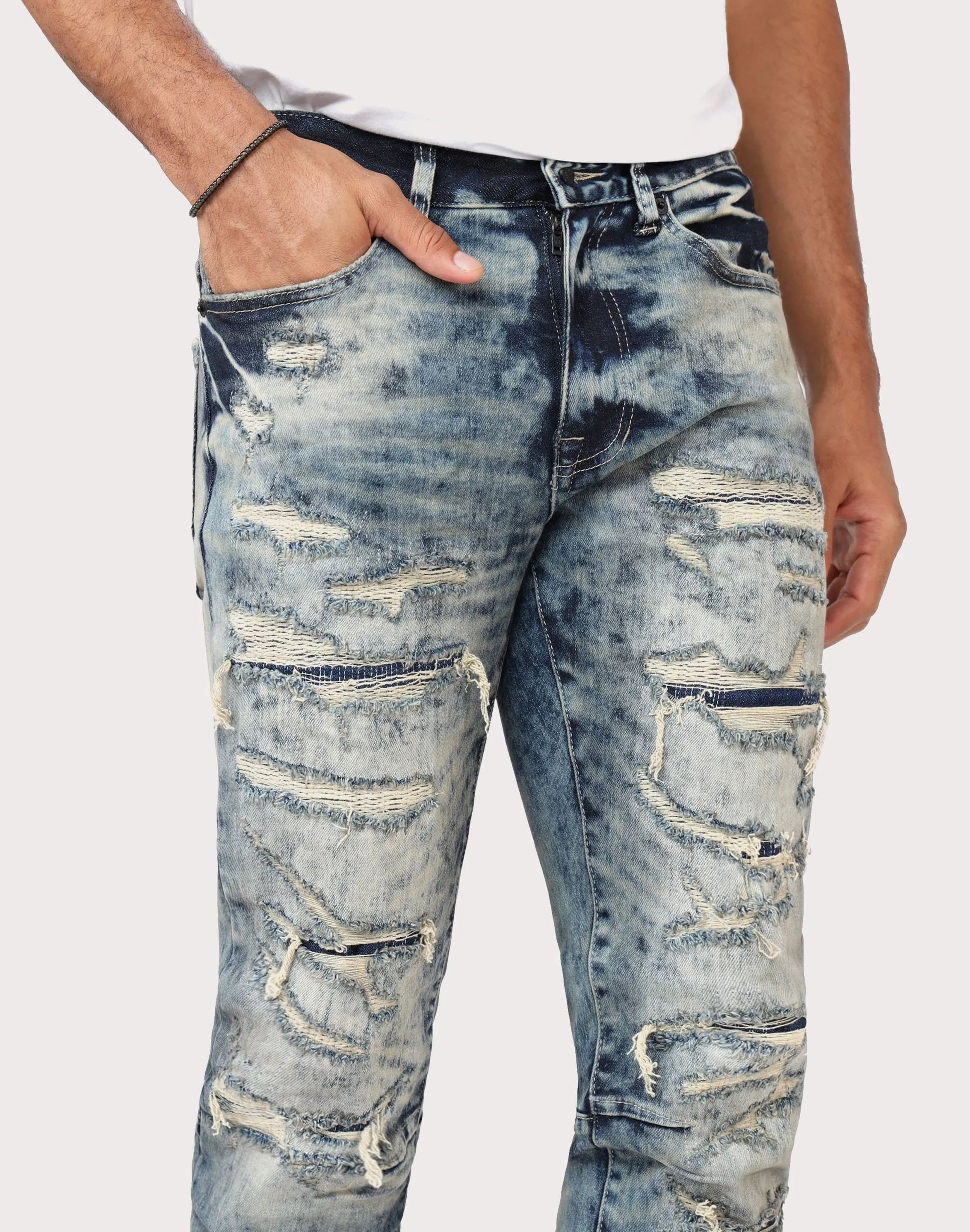 Grindhouse Ross Blue Slim Fit Taper Vintage Baking Effect Denim Jeans