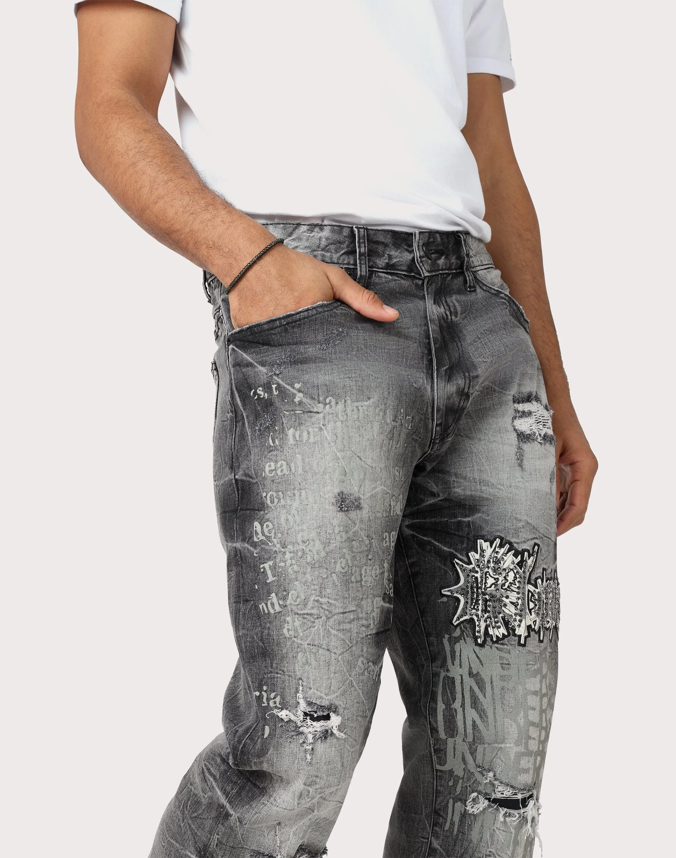 Grindhouse Straight Fit Rip N Repair Embossed Denim Jeans