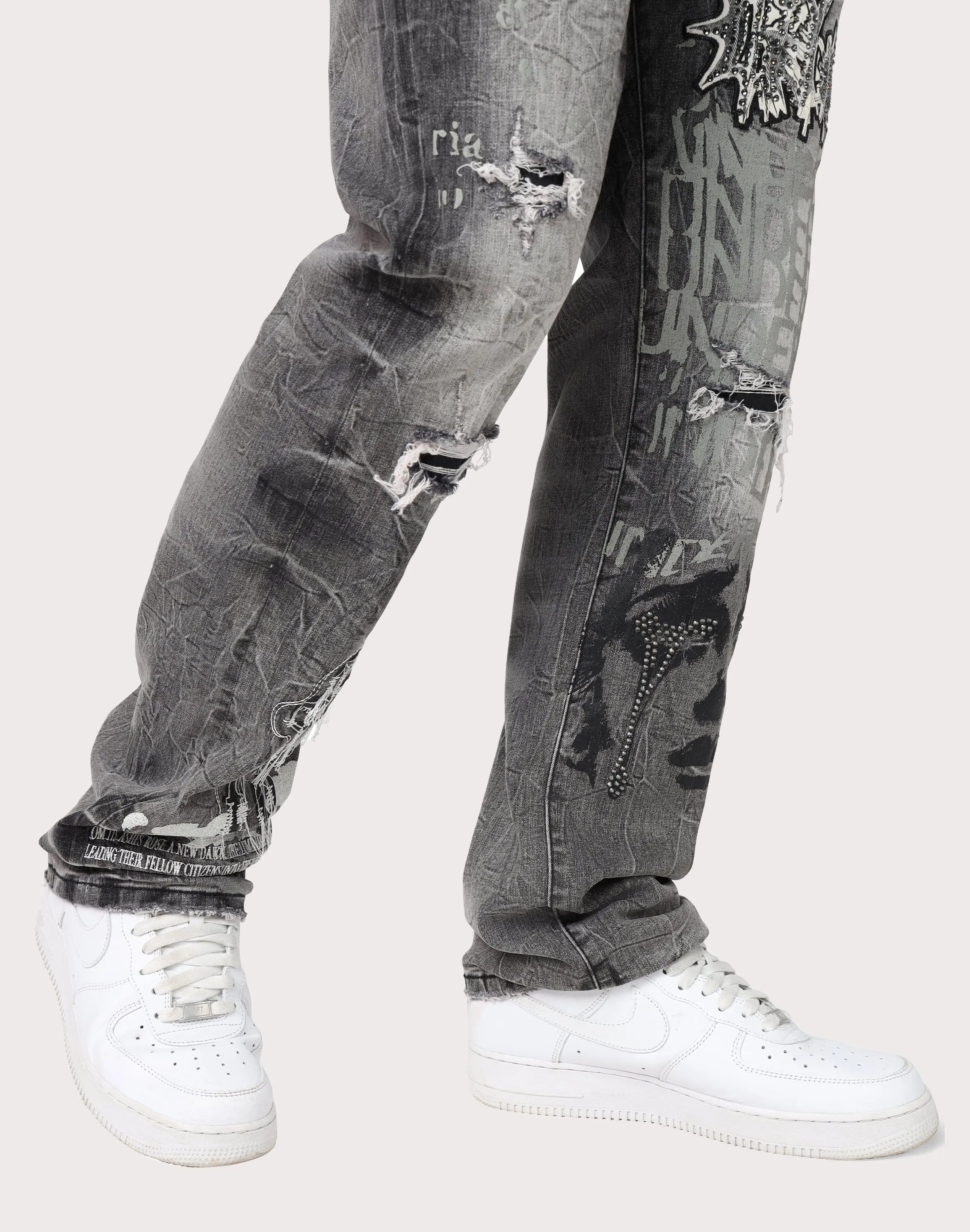 Grindhouse Straight Fit Rip N Repair Embossed Denim Jeans