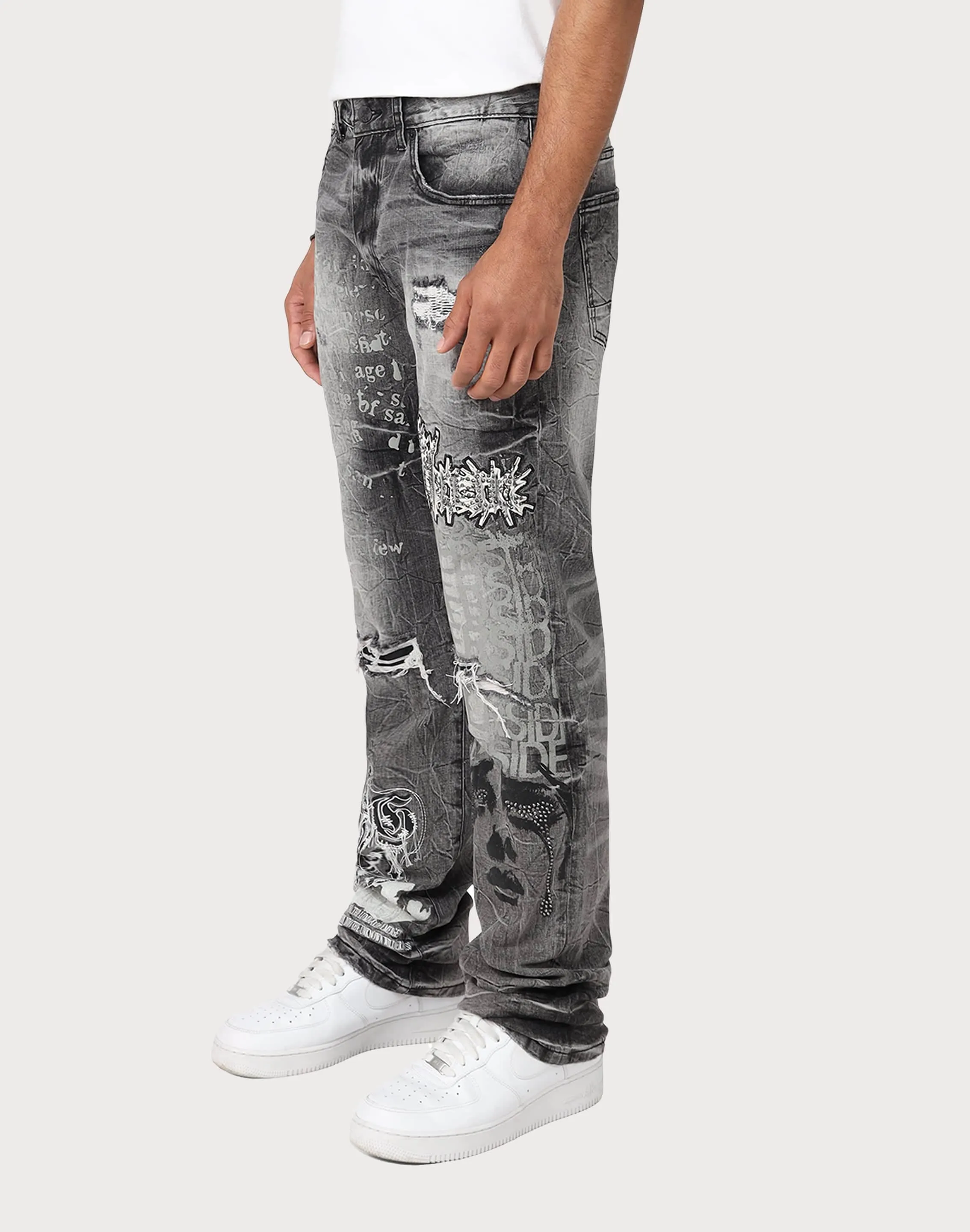 Grindhouse Straight Fit Rip N Repair Embossed Denim Jeans