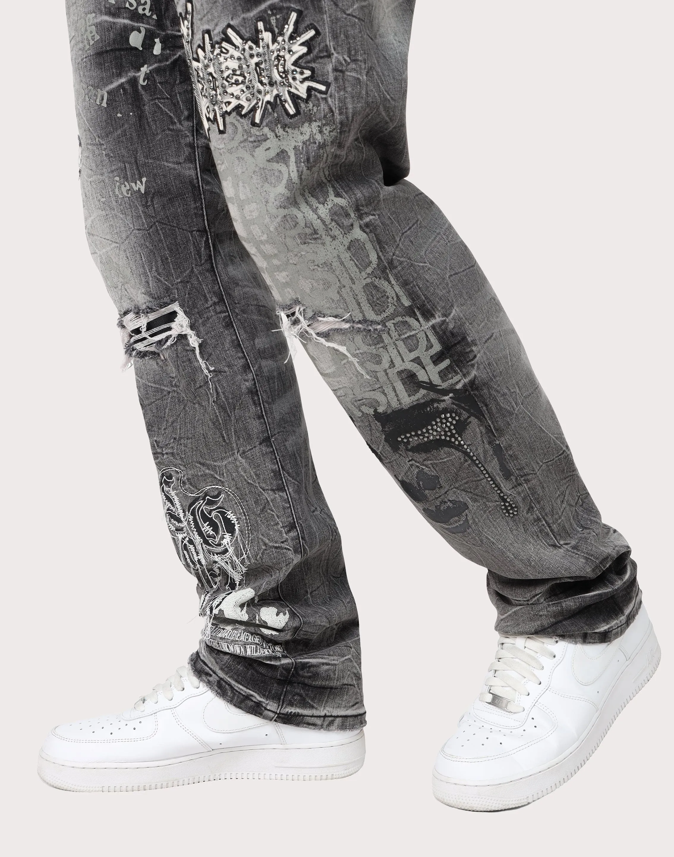 Grindhouse Straight Fit Rip N Repair Embossed Denim Jeans