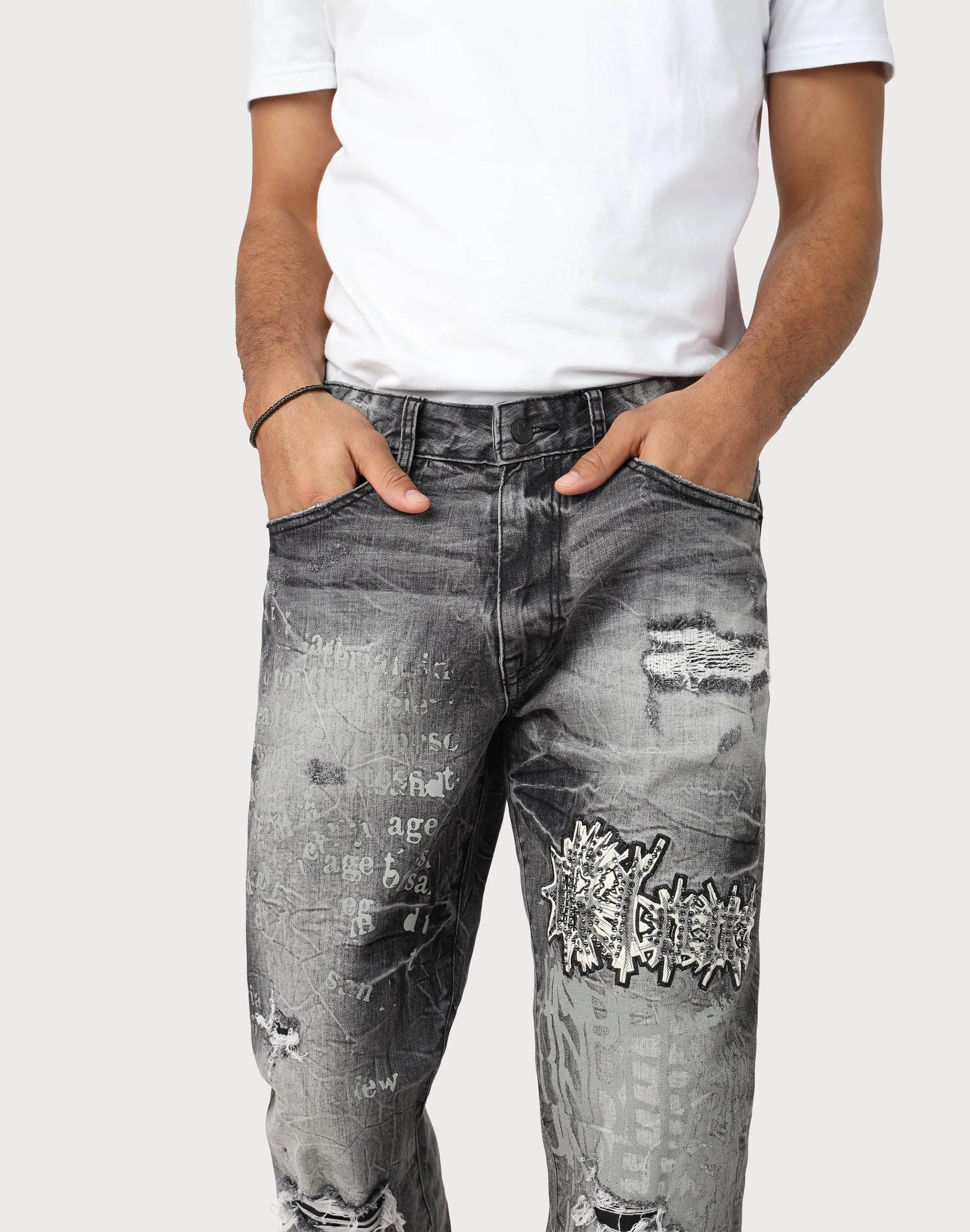 Grindhouse Straight Fit Rip N Repair Embossed Denim Jeans
