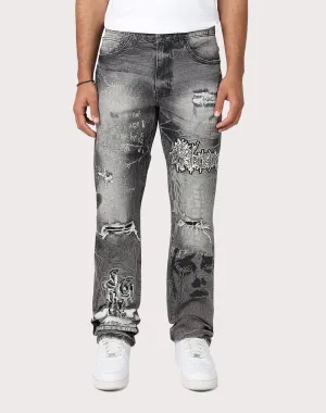 Grindhouse Straight Fit Rip N Repair Embossed Denim Jeans