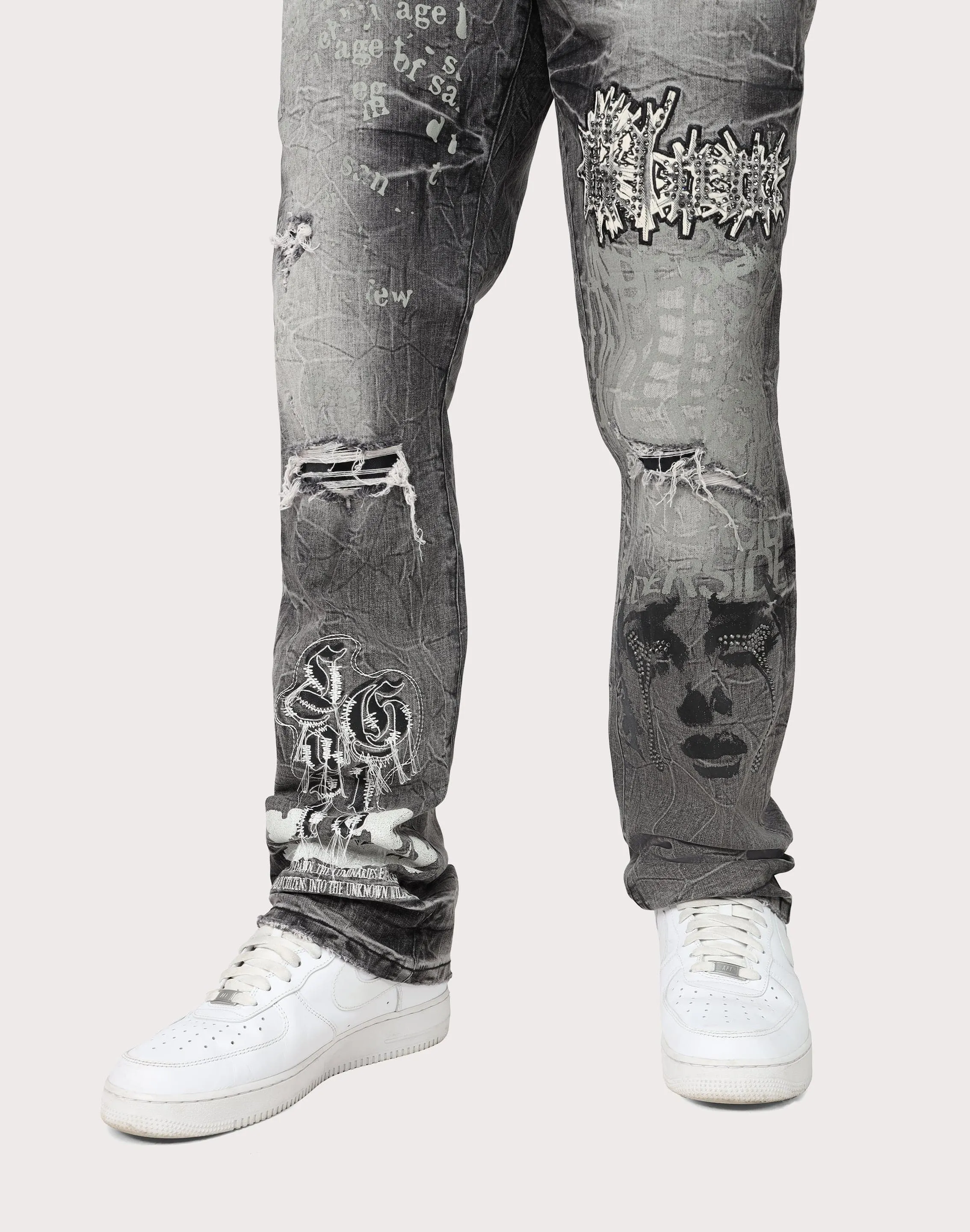 Grindhouse Straight Fit Rip N Repair Embossed Denim Jeans
