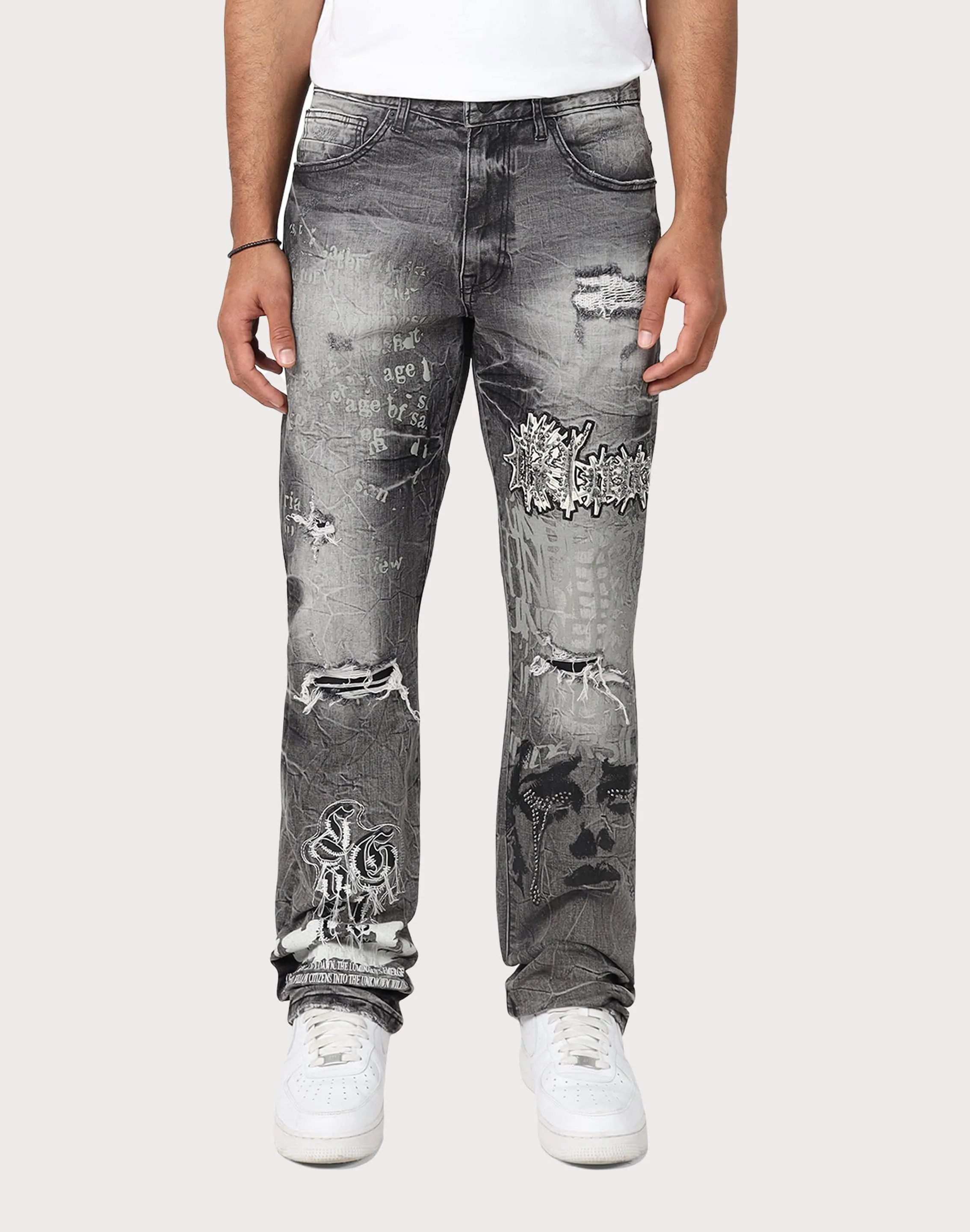 Grindhouse Straight Fit Rip N Repair Embossed Denim Jeans