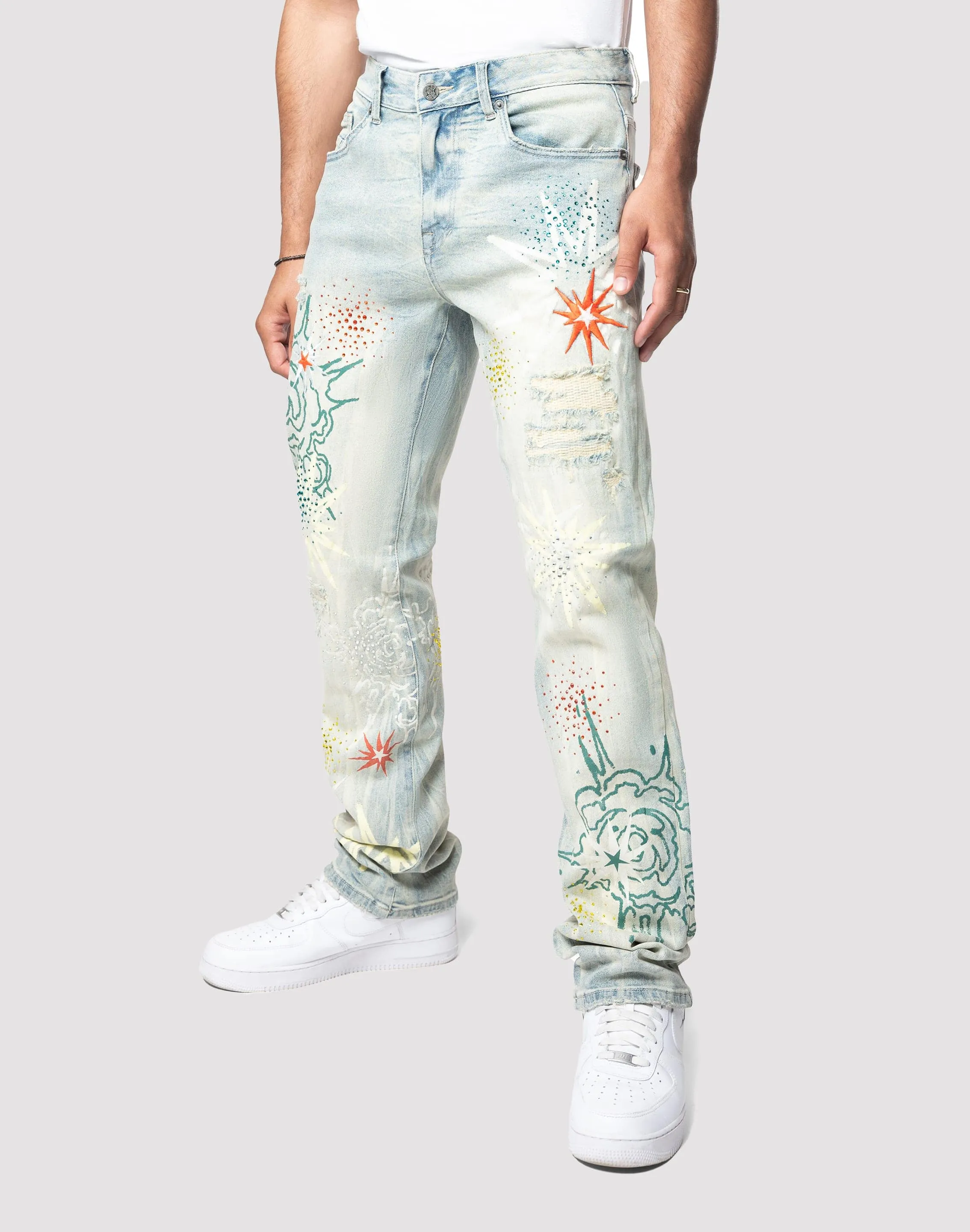 Grindhouse Straight Fit Stack Rhinestone Sevier Denim Jeans