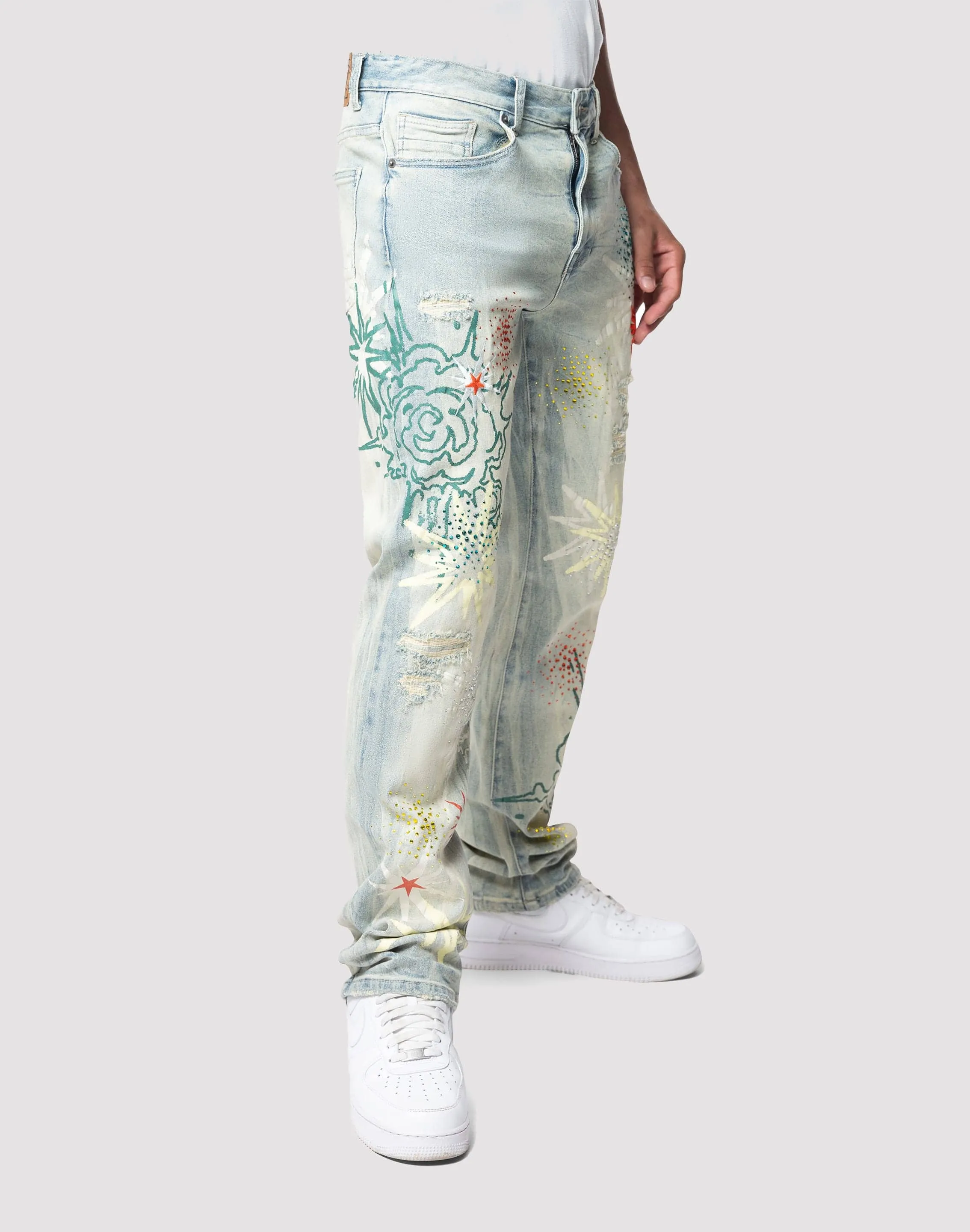 Grindhouse Straight Fit Stack Rhinestone Sevier Denim Jeans