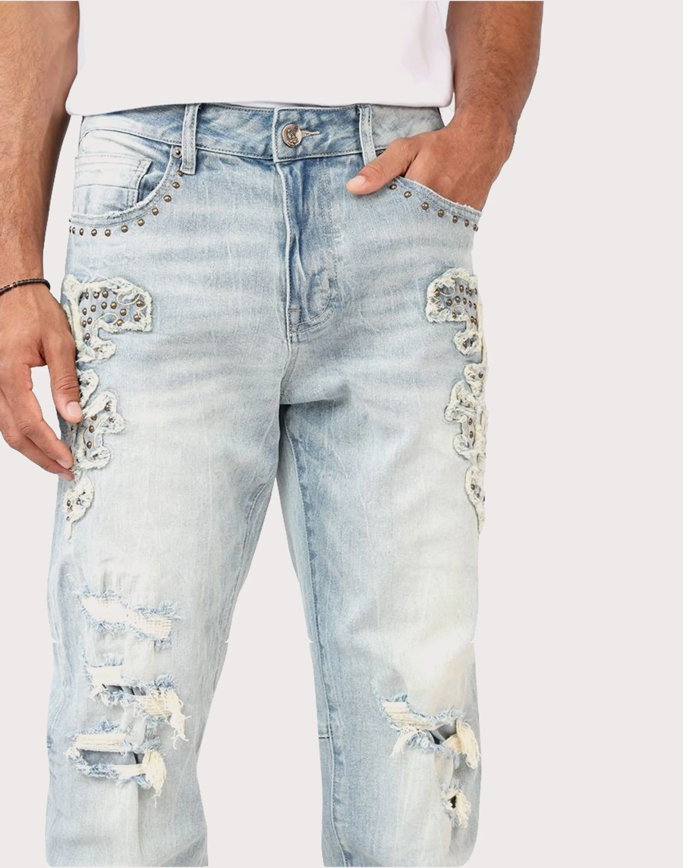 Grindhouse Straight Fit Western Studded Milky Blue Jeans