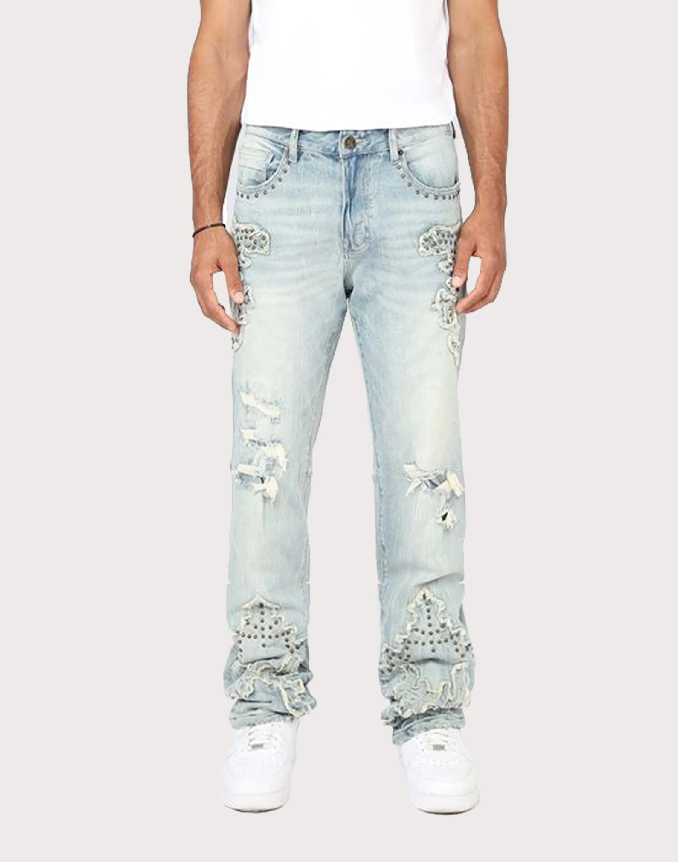 Grindhouse Straight Fit Western Studded Milky Blue Jeans