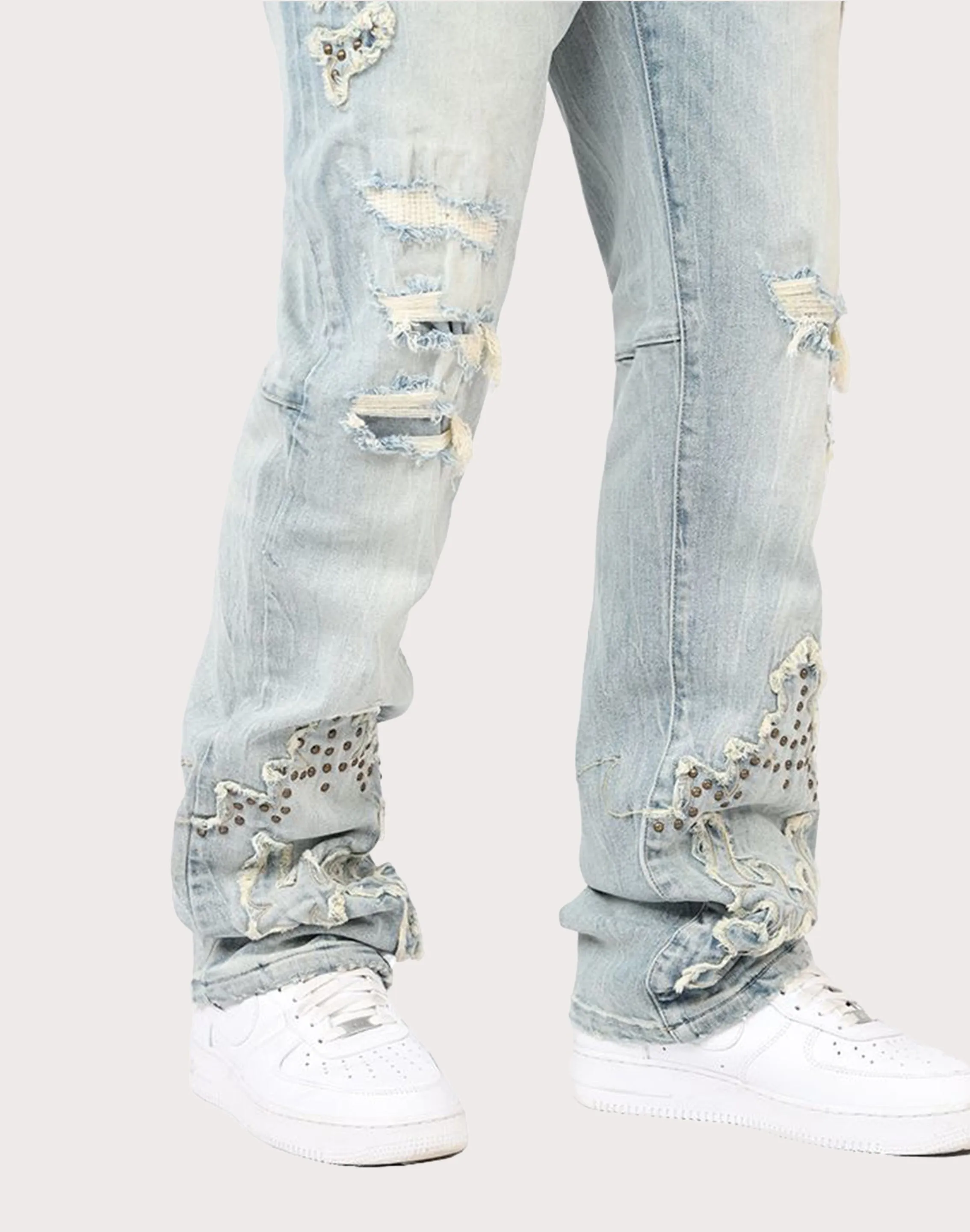 Grindhouse Straight Fit Western Studded Milky Blue Jeans