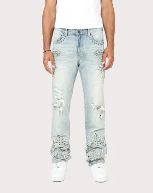 Grindhouse Straight Fit Western Studded Milky Blue Jeans