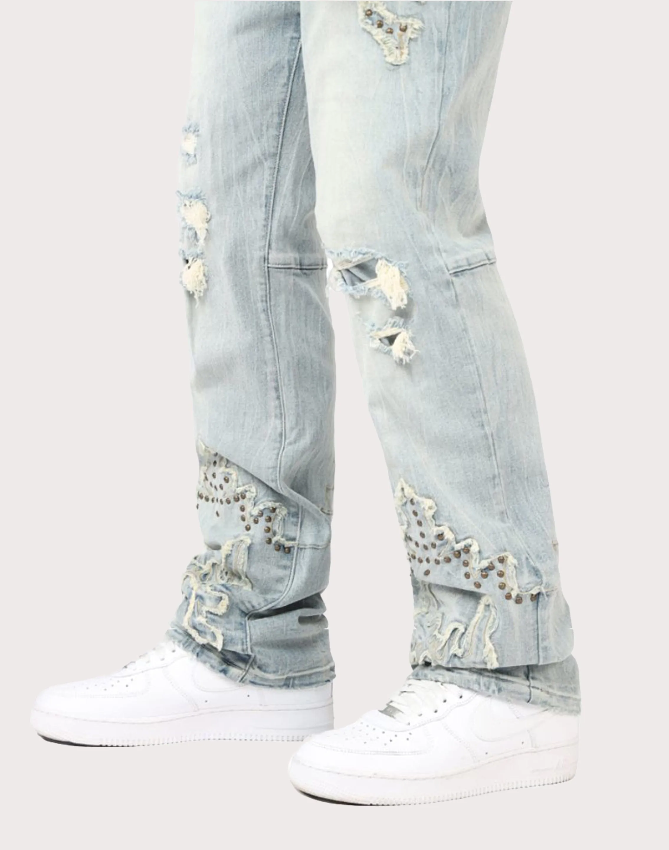 Grindhouse Straight Fit Western Studded Milky Blue Jeans