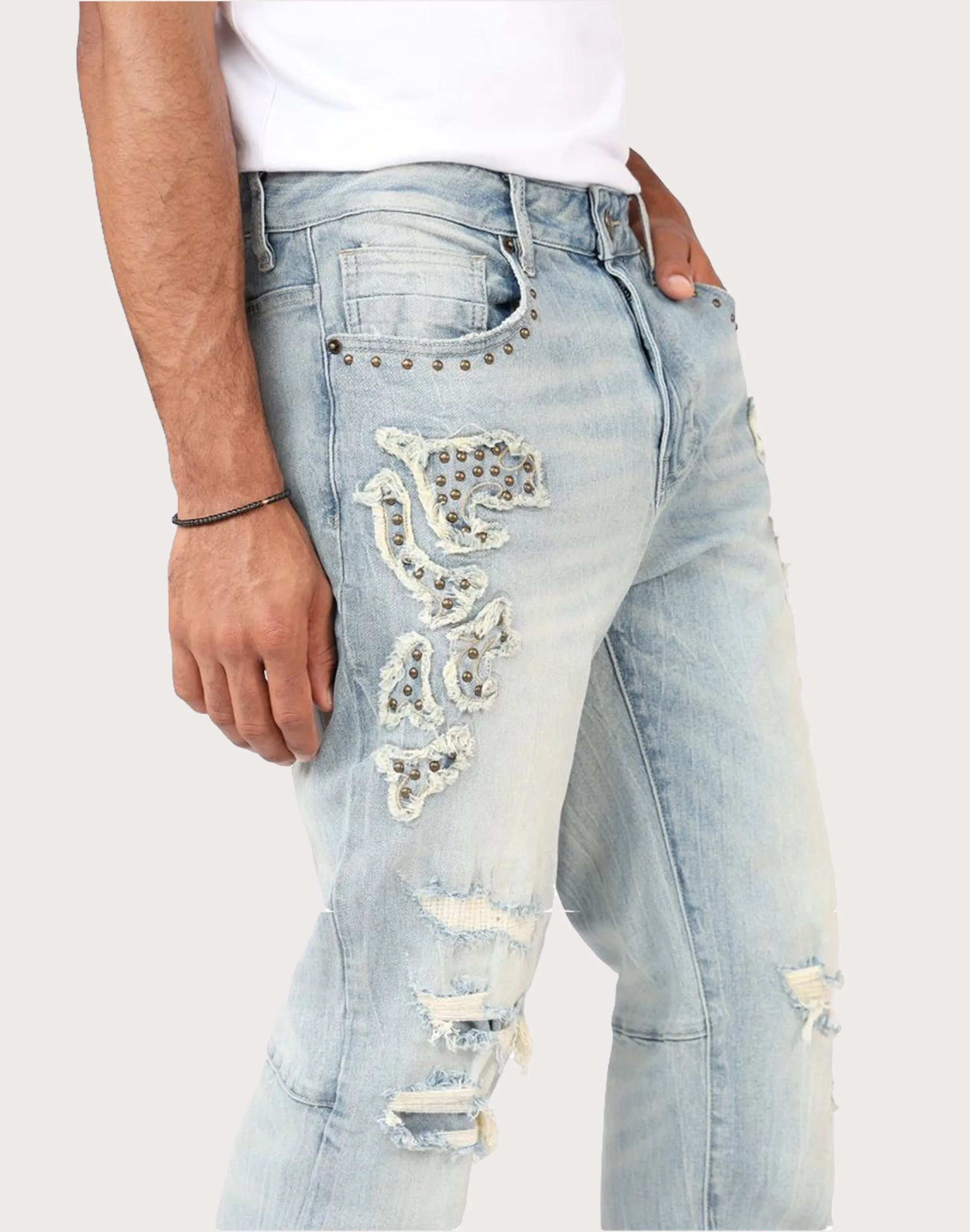 Grindhouse Straight Fit Western Studded Milky Blue Jeans