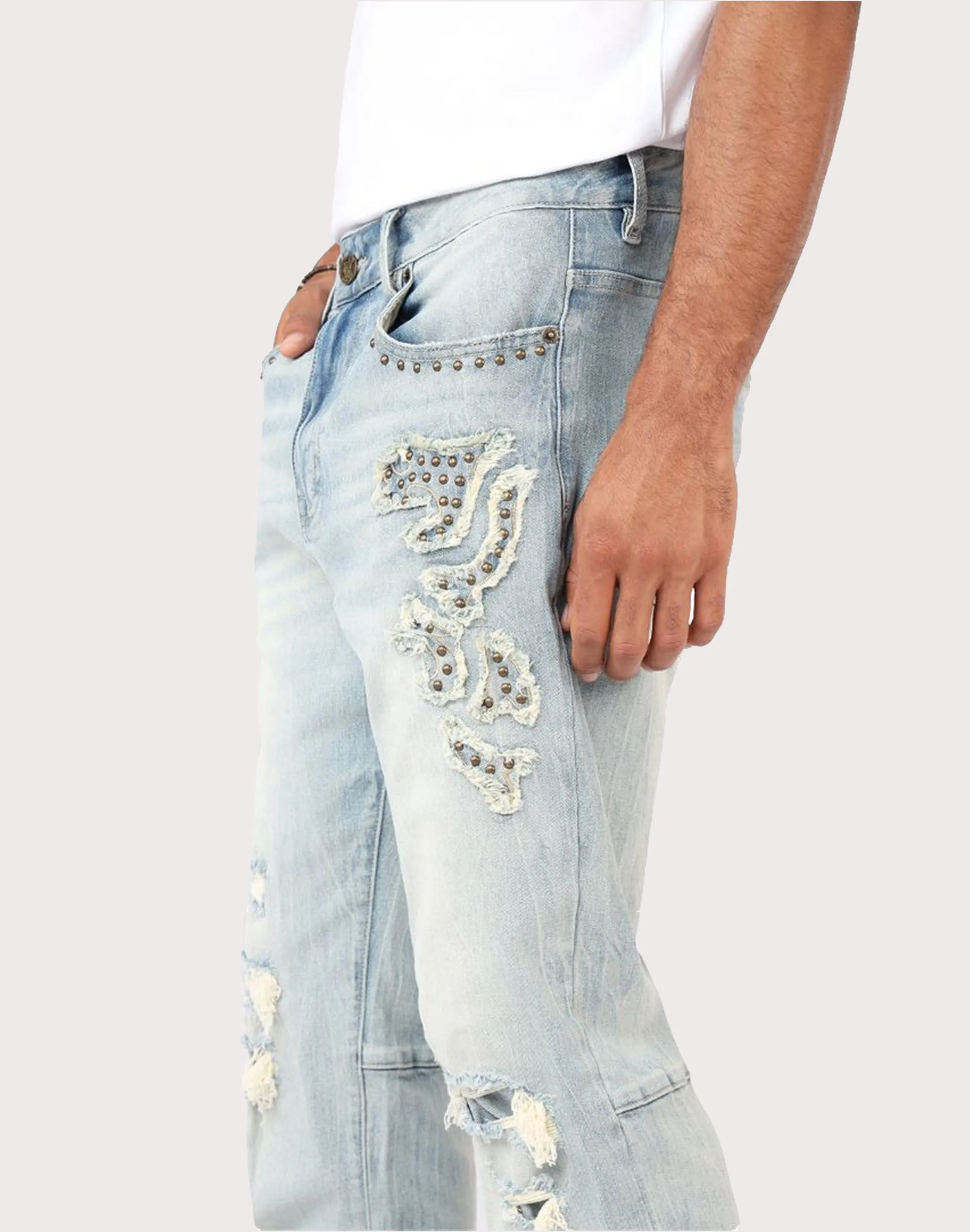 Grindhouse Straight Fit Western Studded Milky Blue Jeans