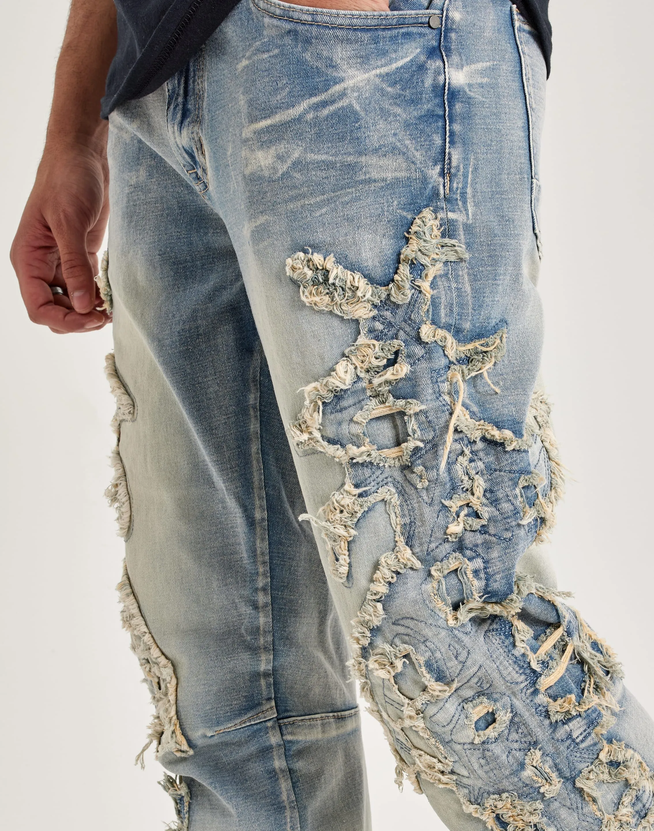 Smoke Rise Frayed Applique Stacked Flare Jeans