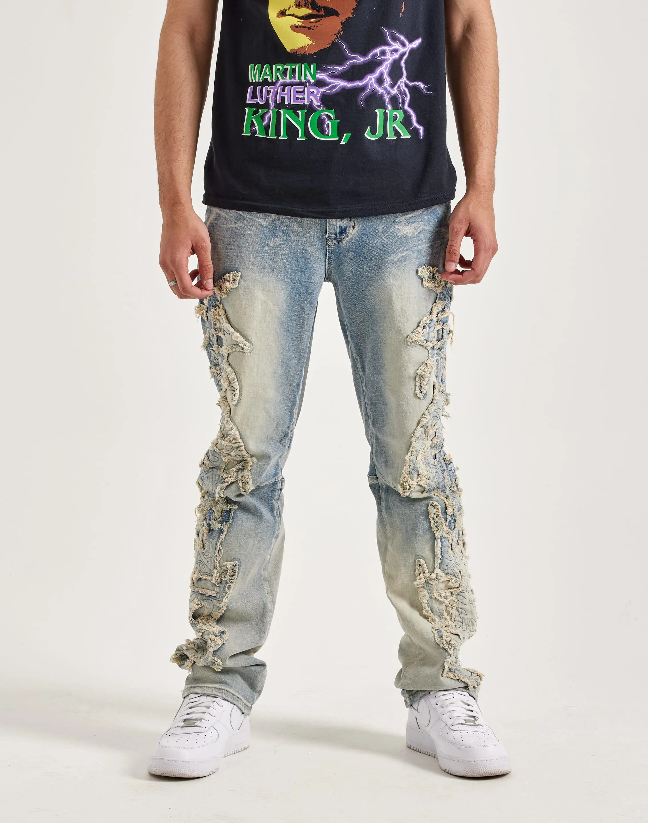 Smoke Rise Frayed Applique Stacked Flare Jeans