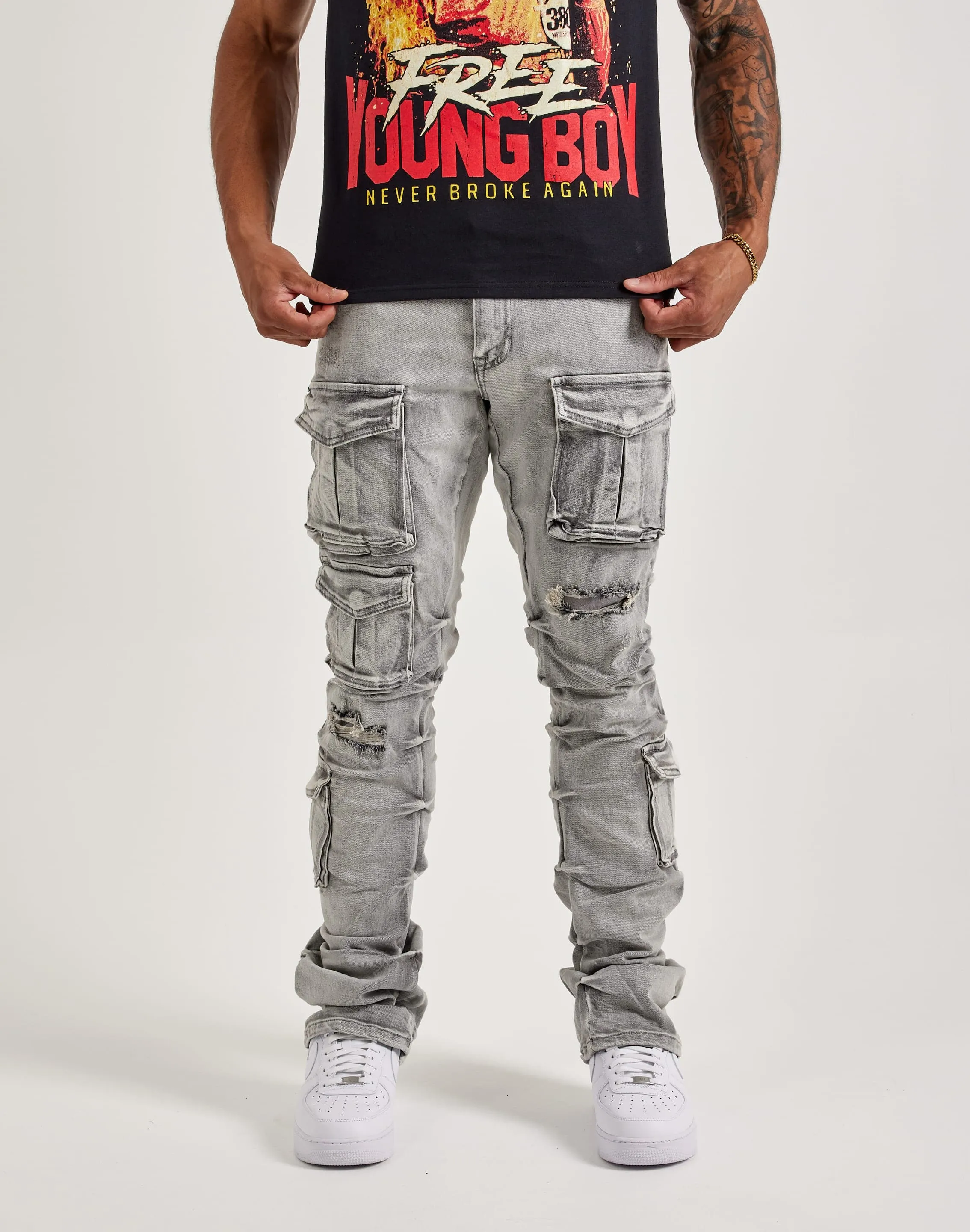 Smoke Rise Utility Pocket Stacked Flare Denim Jeans