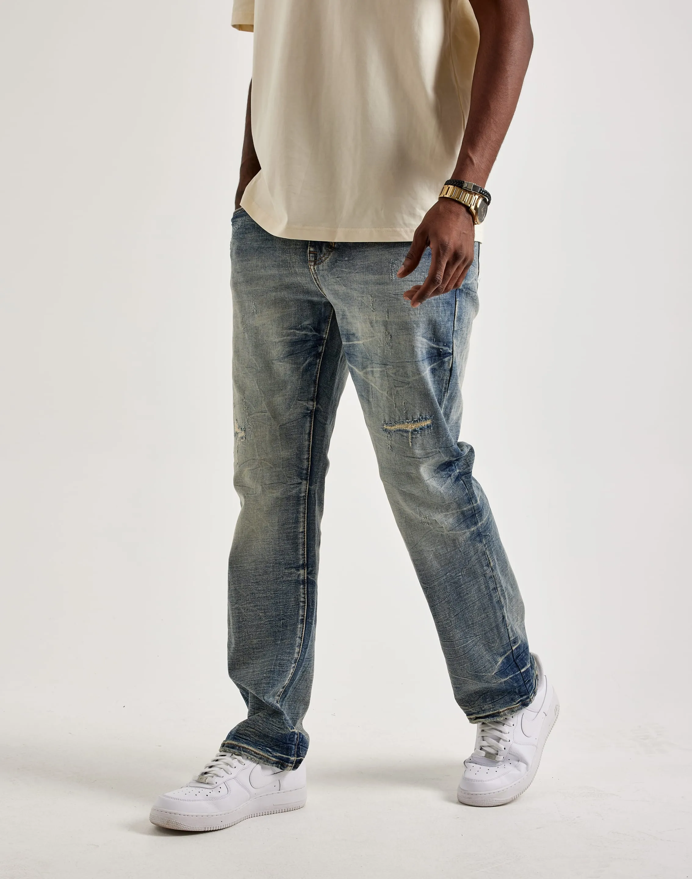 Smoke Rise Wave Effect Straight Denim Jeans