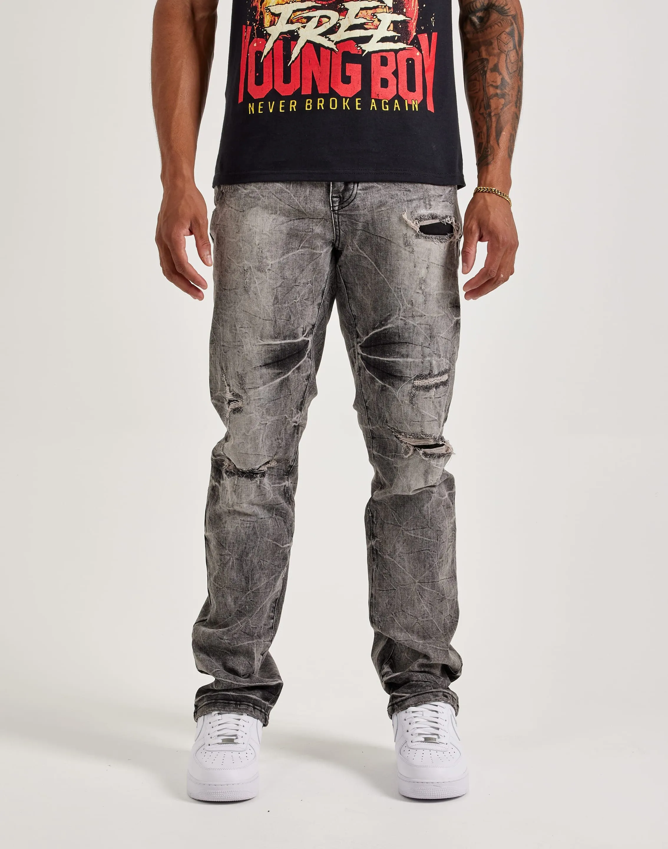 Smoke Rise Wave Effect Straight Denim Jeans