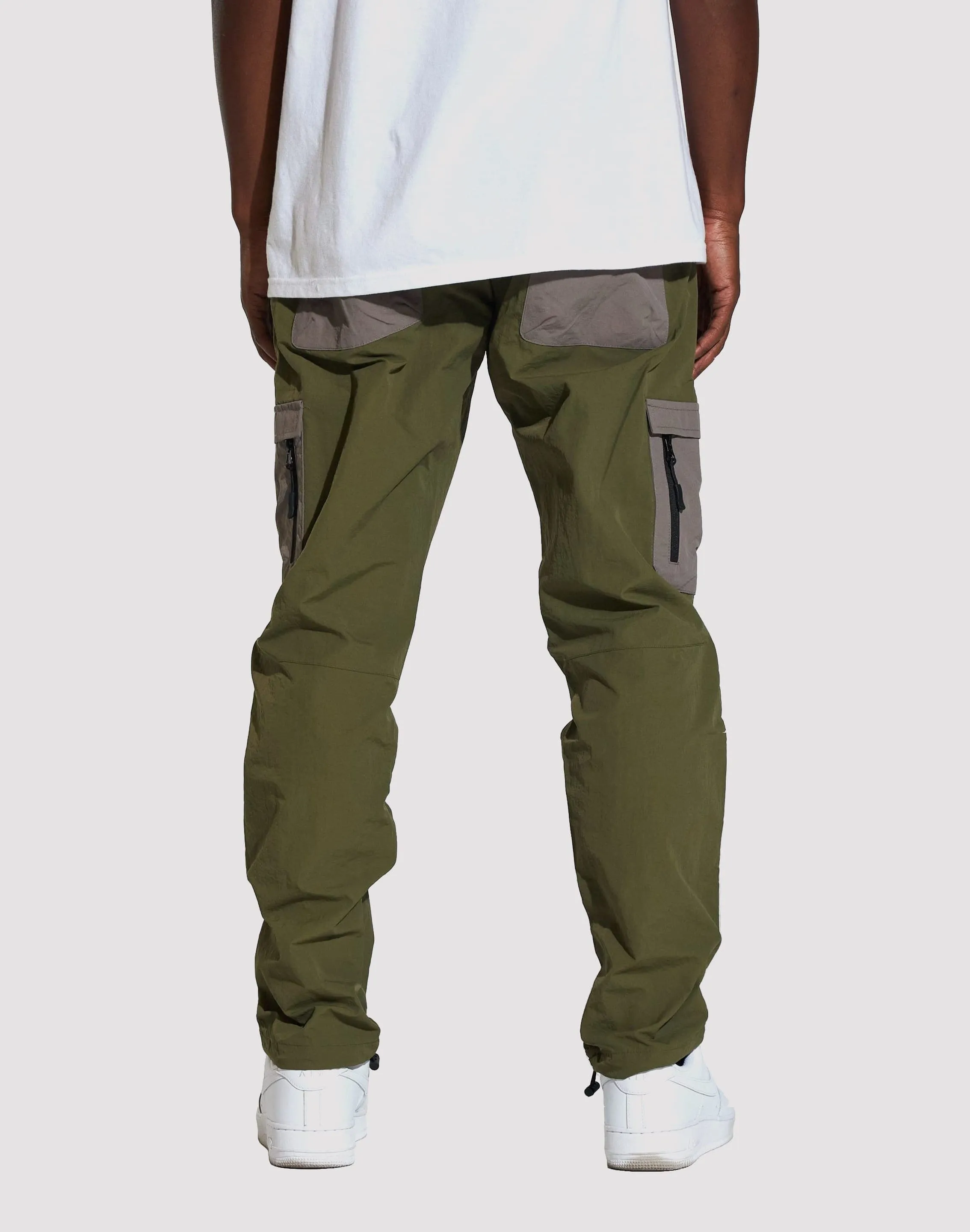 THE LEVERAGE Crysp Denim Zion Nylon Cargo Olive Pants