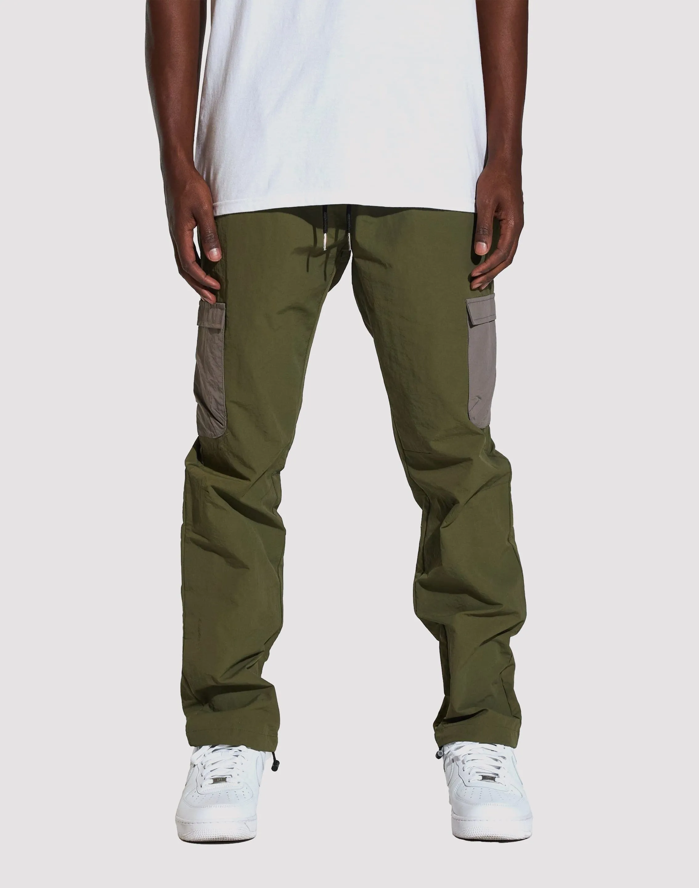 THE LEVERAGE Crysp Denim Zion Nylon Cargo Olive Pants